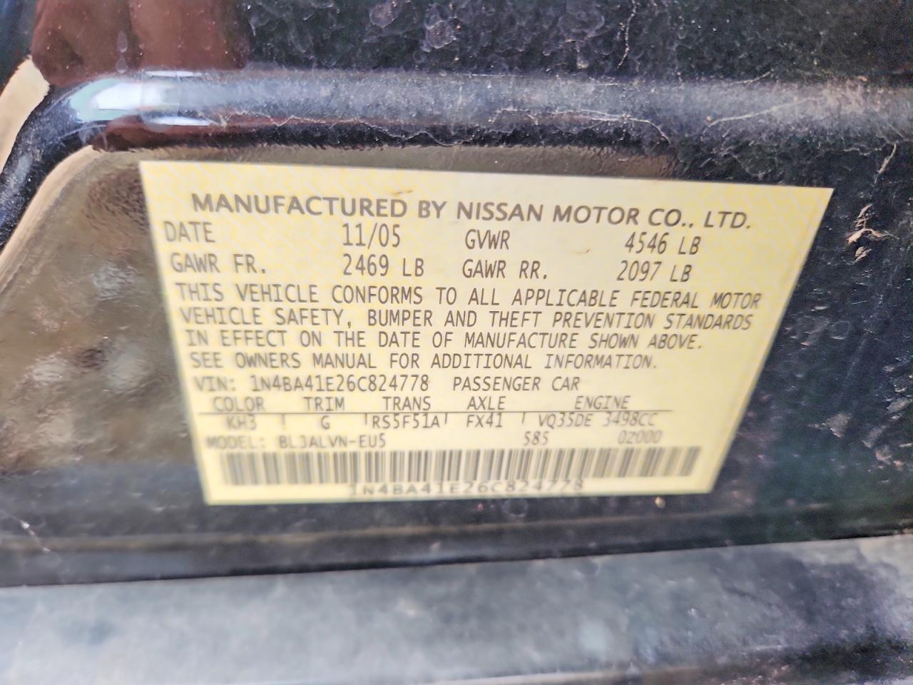 2006 Nissan Maxima 3.5 Se Черный vin: 1N4BA41E26C824778