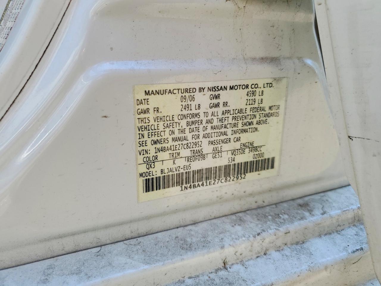 2007 Nissan Maxima 3.5 Se White vin: 1N4BA41E27C822952