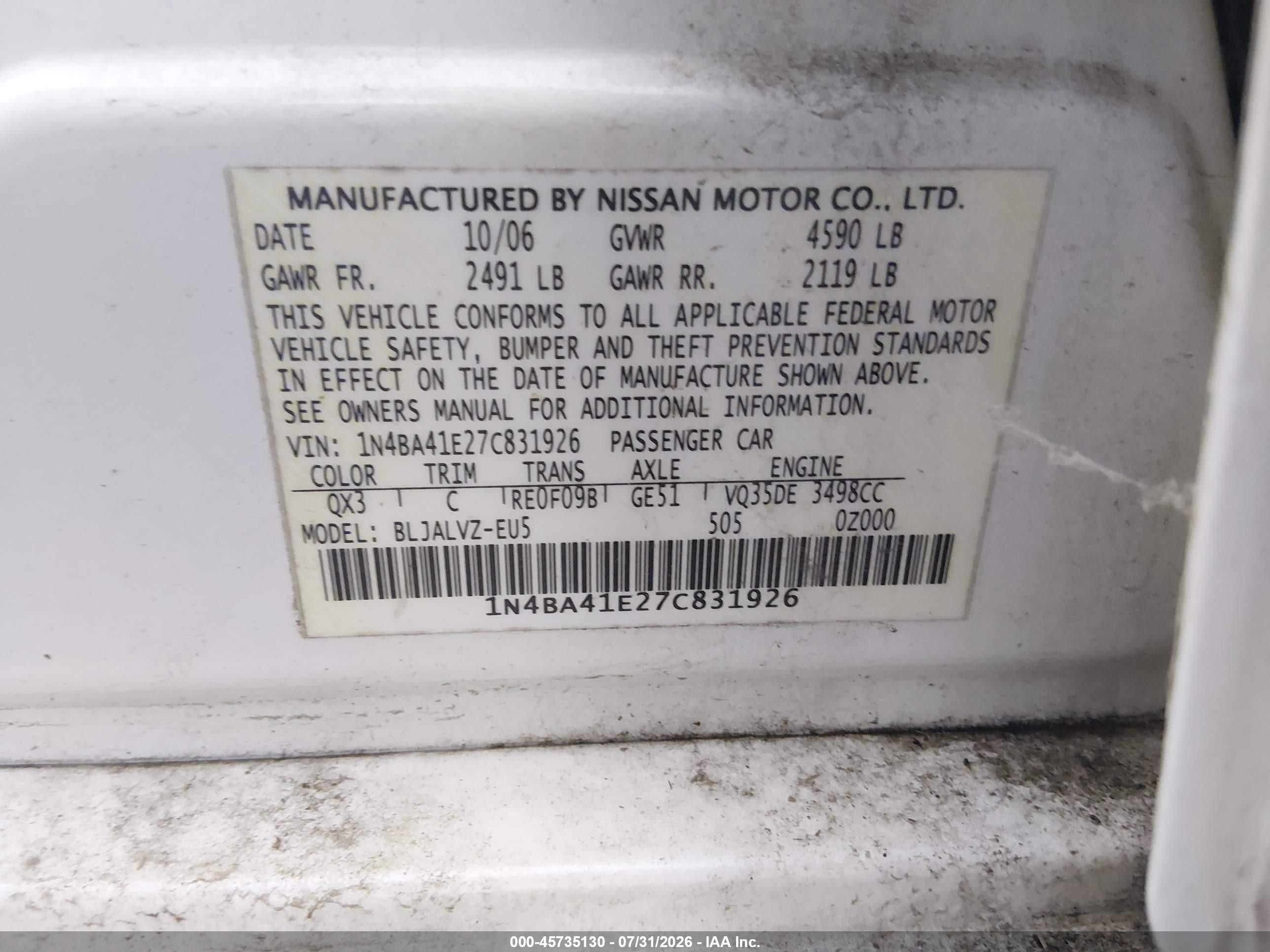 2007 Nissan Maxima 3.5 Se White vin: 1N4BA41E27C831926
