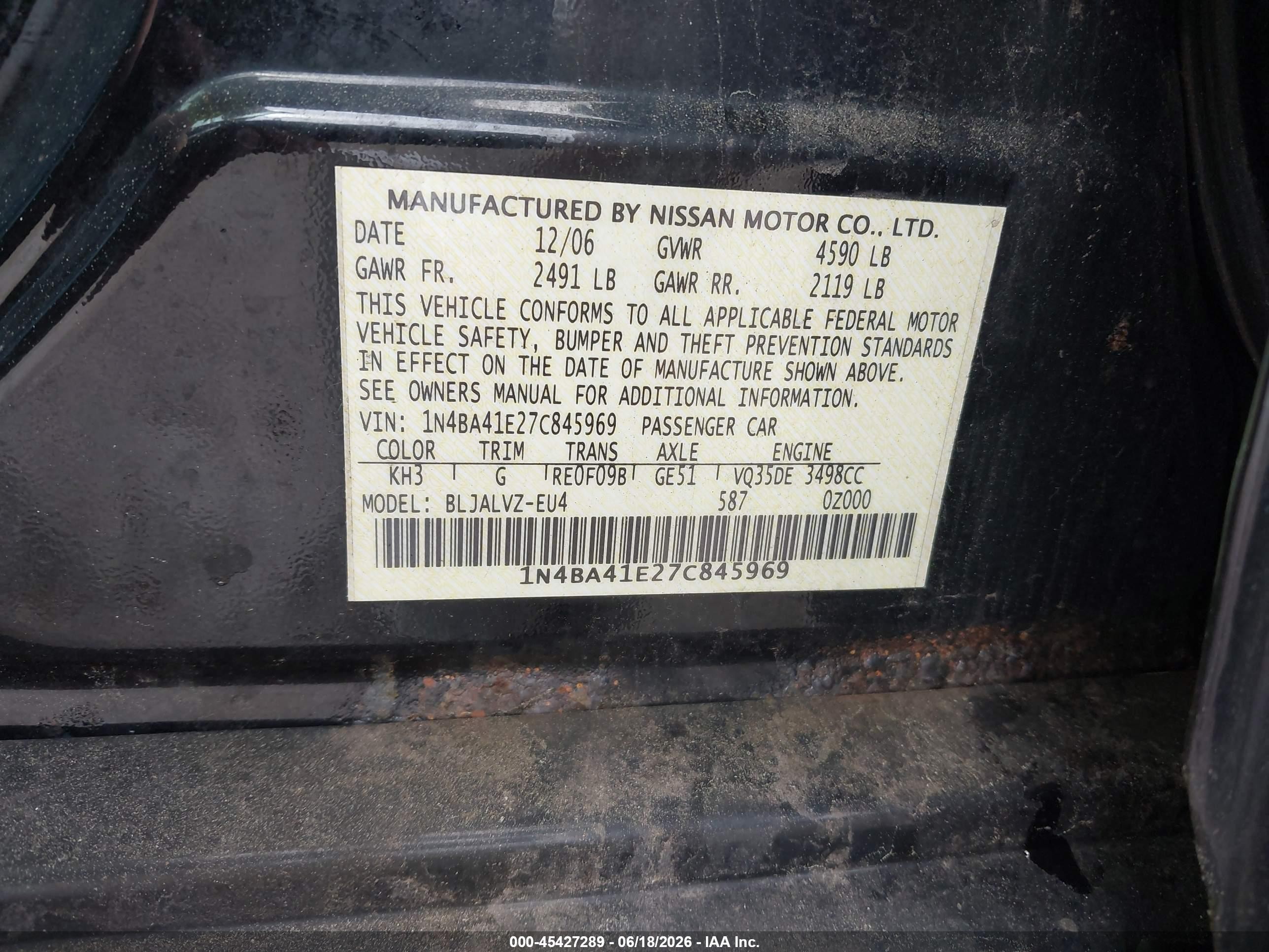2007 Nissan Maxima 3.5 Se Black vin: 1N4BA41E27C845969