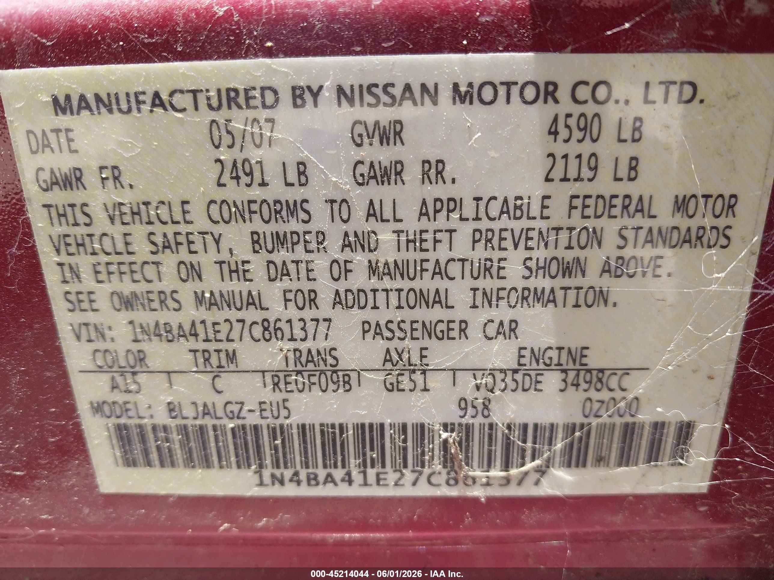 2007 Nissan Maxima 3.5 Sl Темно-бордовый vin: 1N4BA41E27C861377