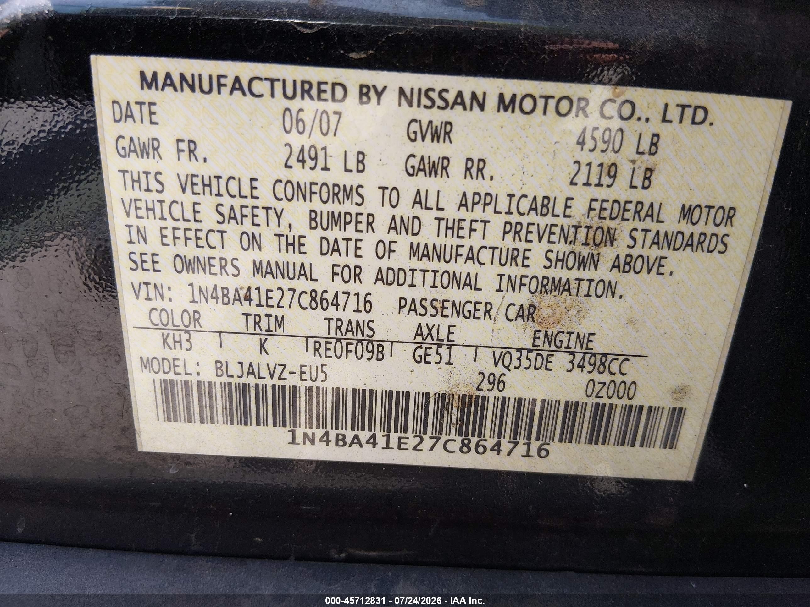 2007 Nissan Maxima 3.5 Se Черный vin: 1N4BA41E27C864716