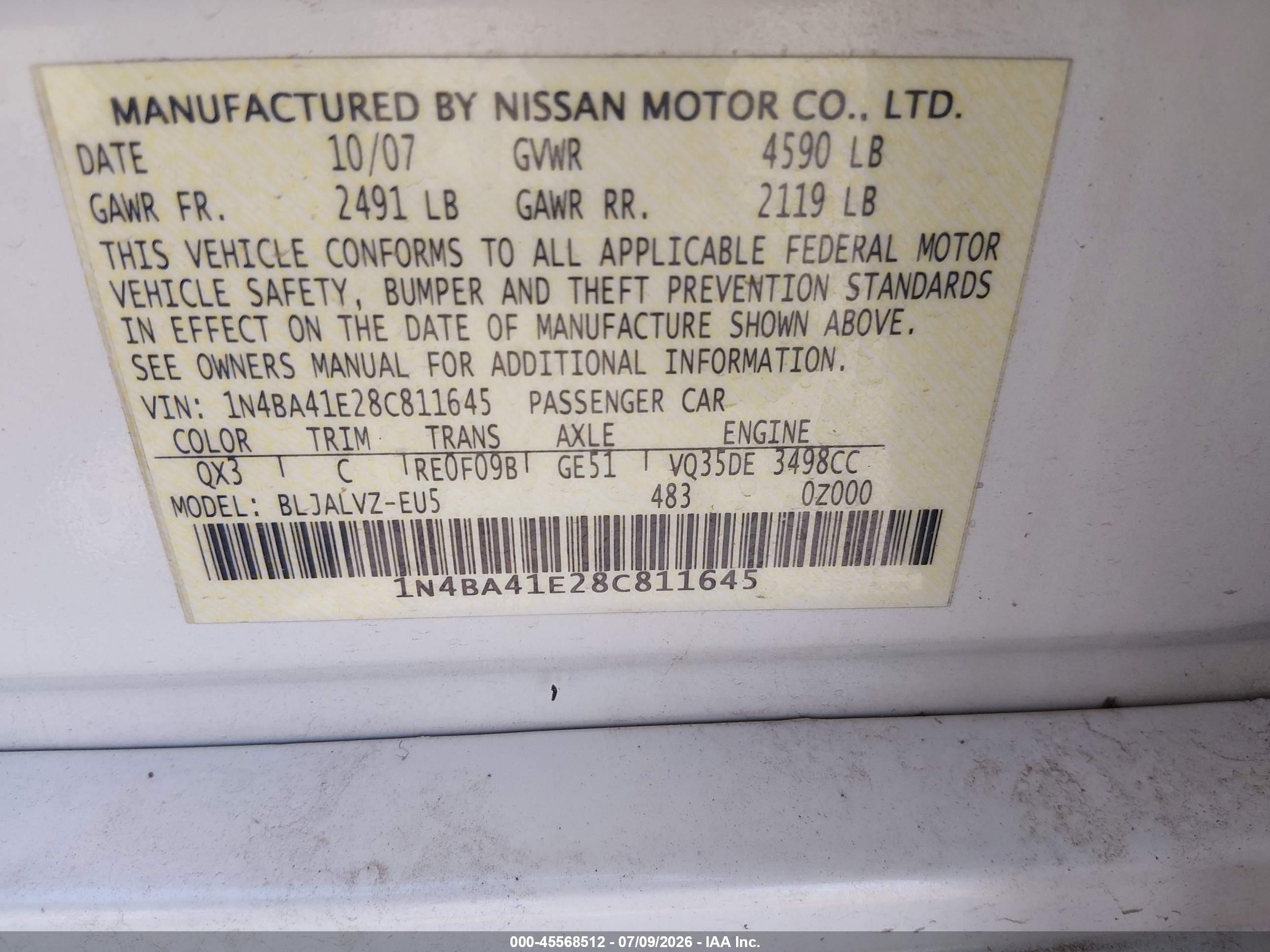 2008 Nissan Maxima 3.5 Se White vin: 1N4BA41E28C811645