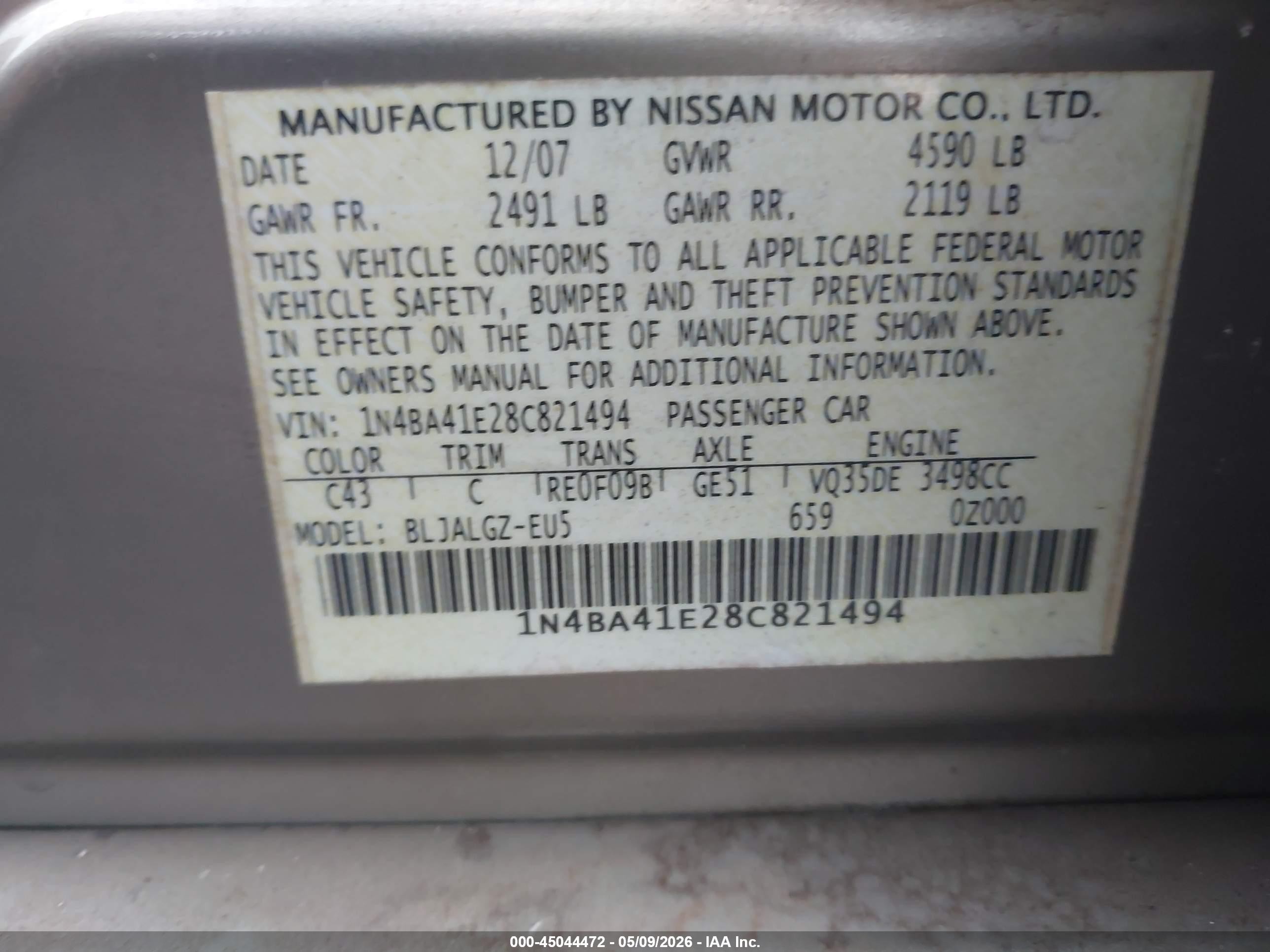 2008 Nissan Maxima 3.5 Sl Gold vin: 1N4BA41E28C821494