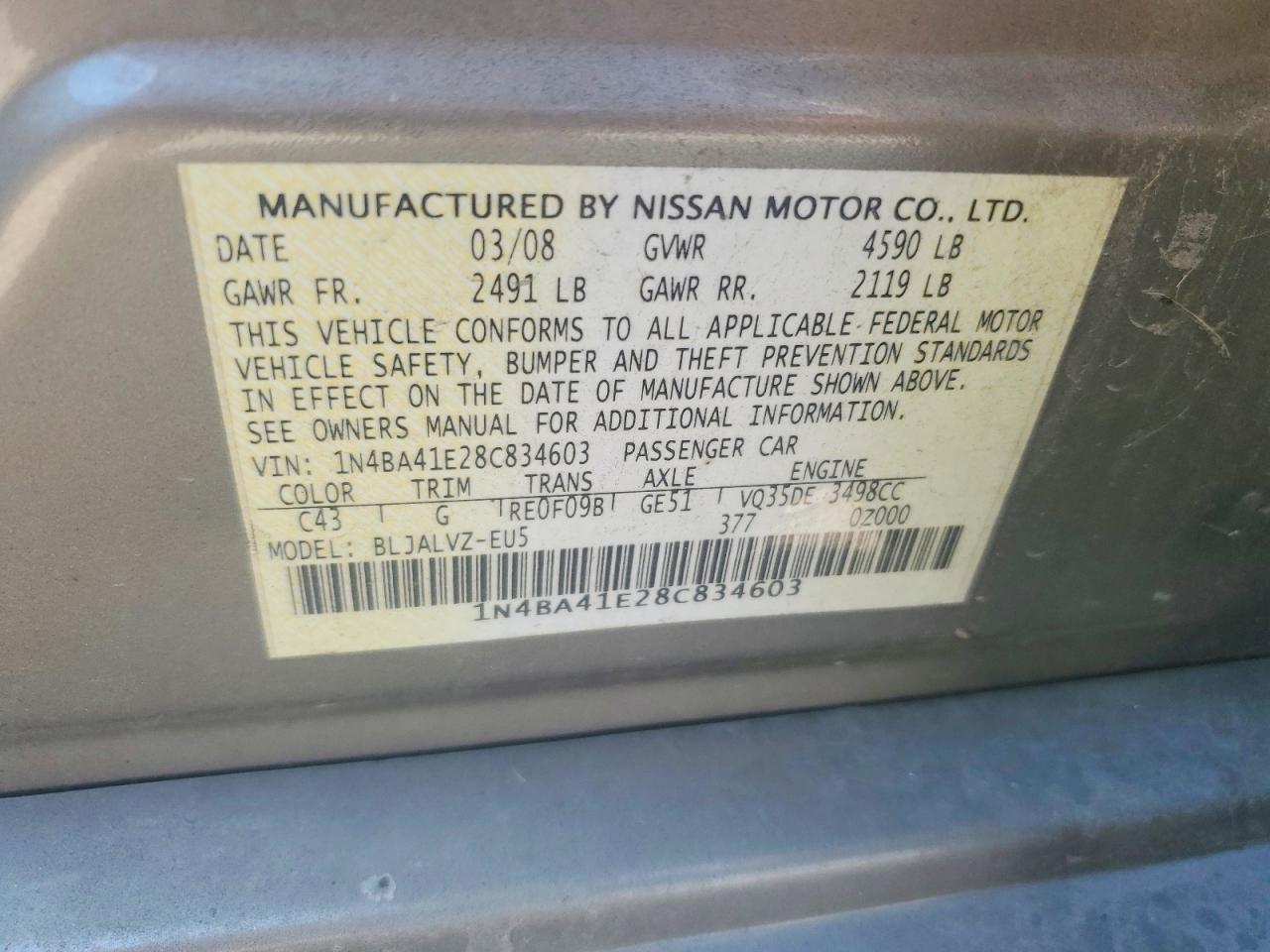 2008 Nissan Maxima 3.5 Se Tan vin: 1N4BA41E28C834603