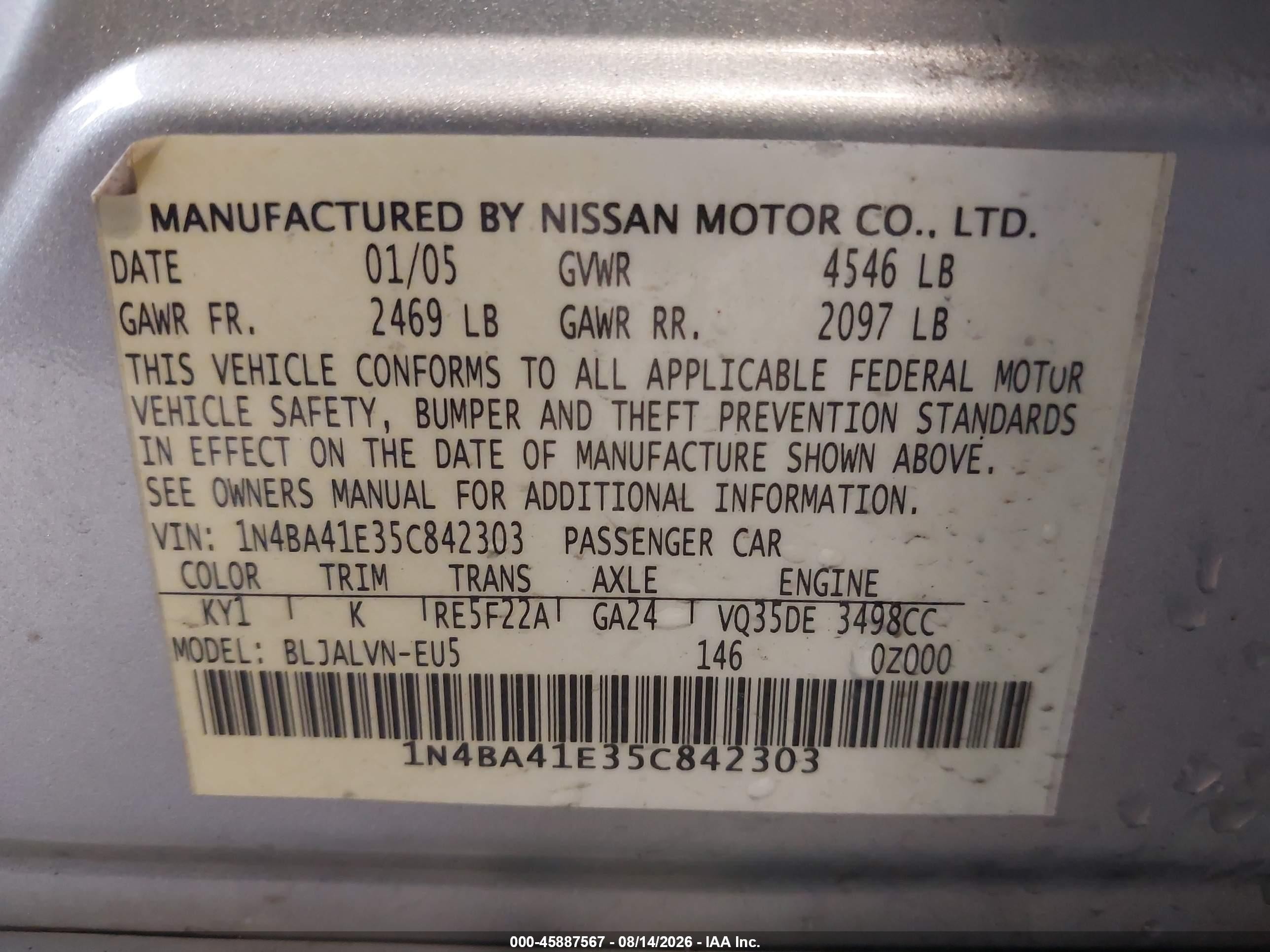 2005 Nissan Maxima 3.5 Se Silver vin: 1N4BA41E35C842303