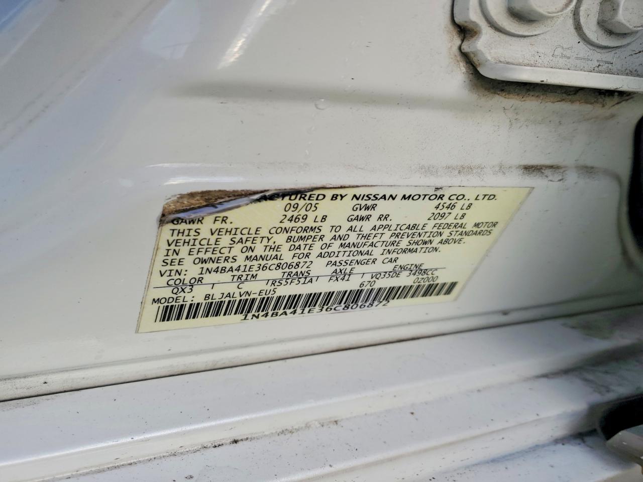 2006 Nissan Maxima 3.5 Se White vin: 1N4BA41E36C806872