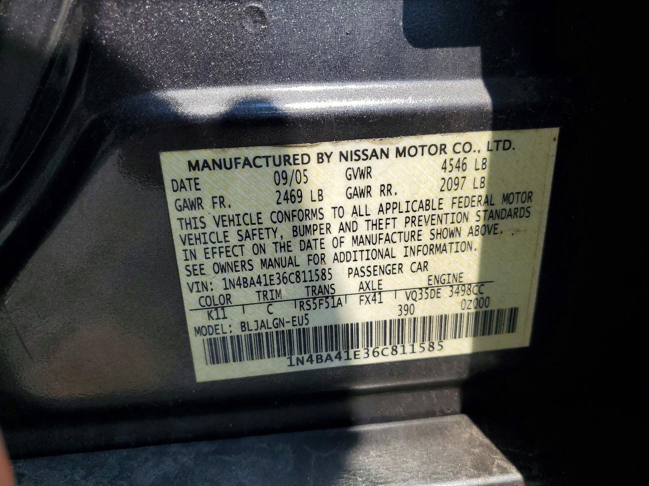 2006 Nissan Maxima 3.5 Se Charcoal vin: 1N4BA41E36C811585