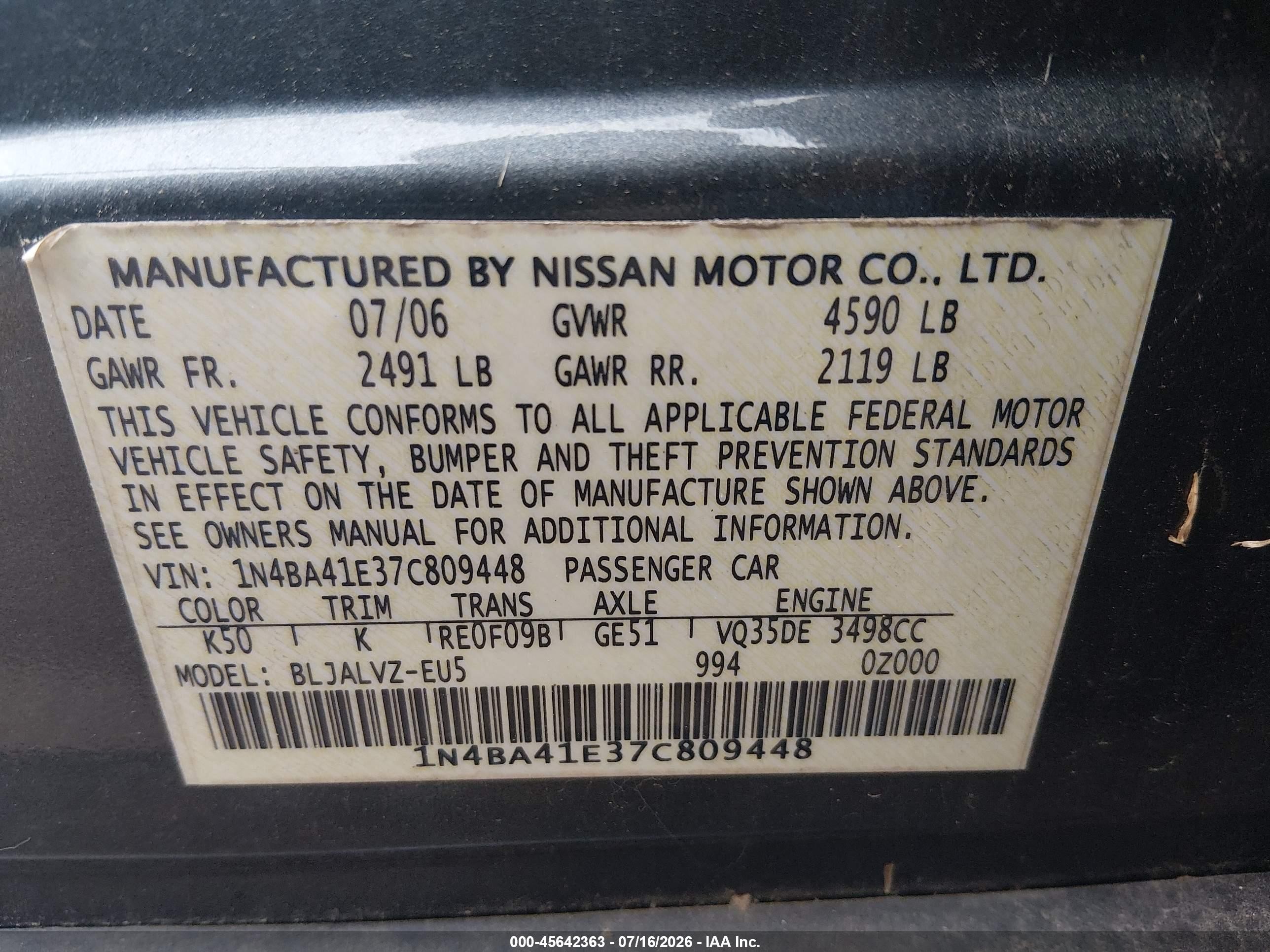 2007 Nissan Maxima 3.5 Se Gray vin: 1N4BA41E37C809448