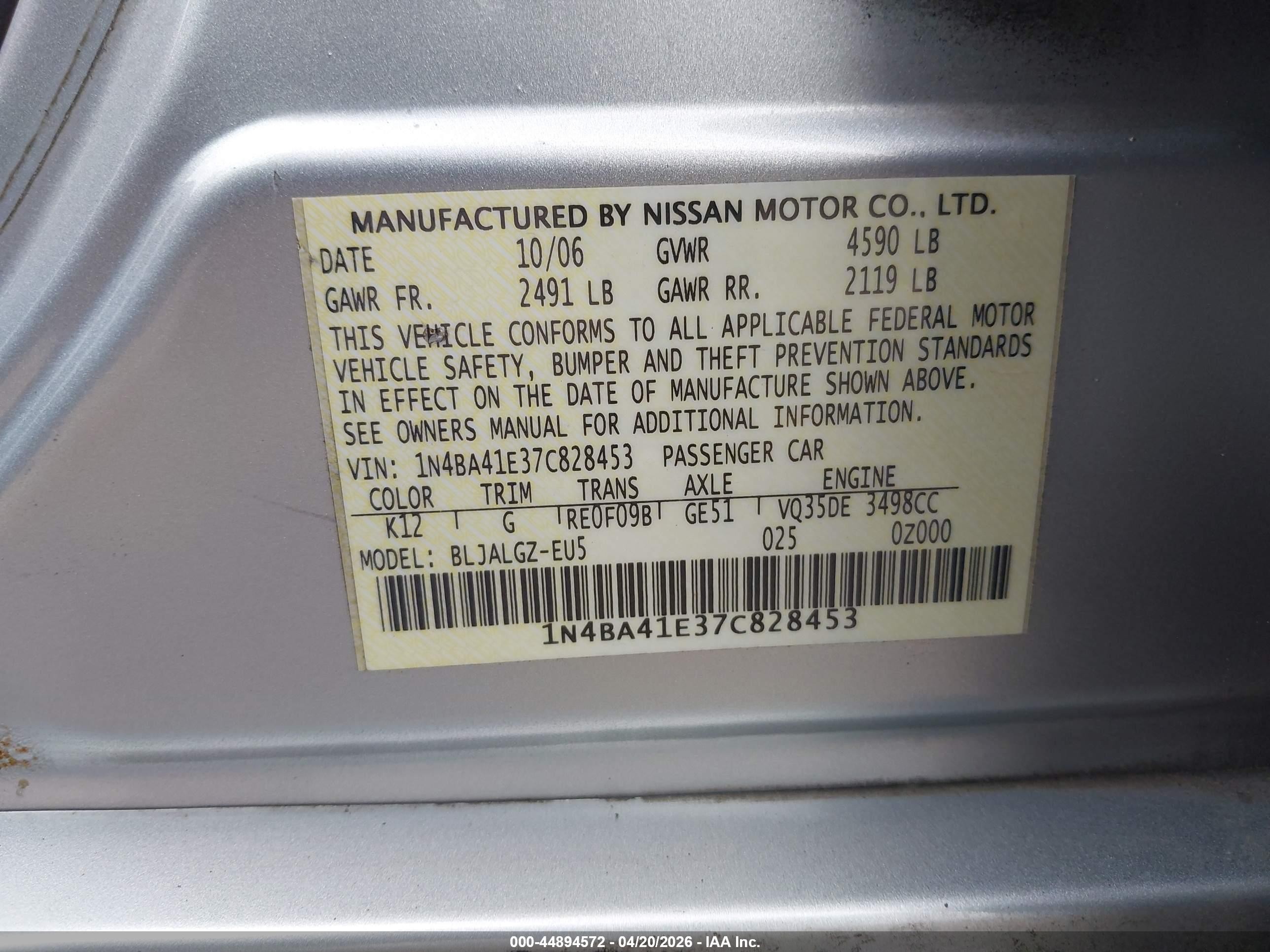 2007 Nissan Maxima 3.5 Sl Silver vin: 1N4BA41E37C828453