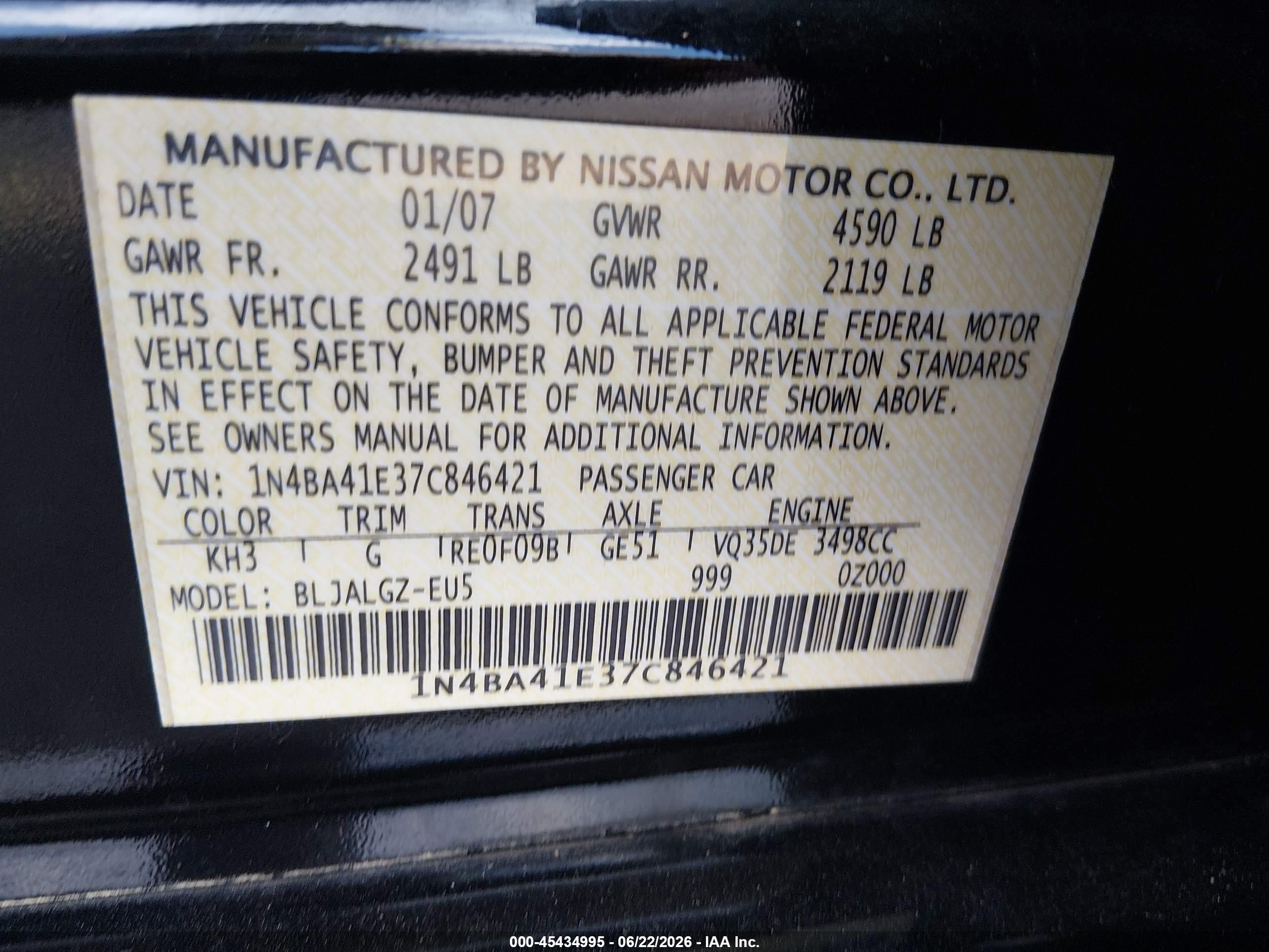 2007 Nissan Maxima 3.5 Sl Black vin: 1N4BA41E37C846421