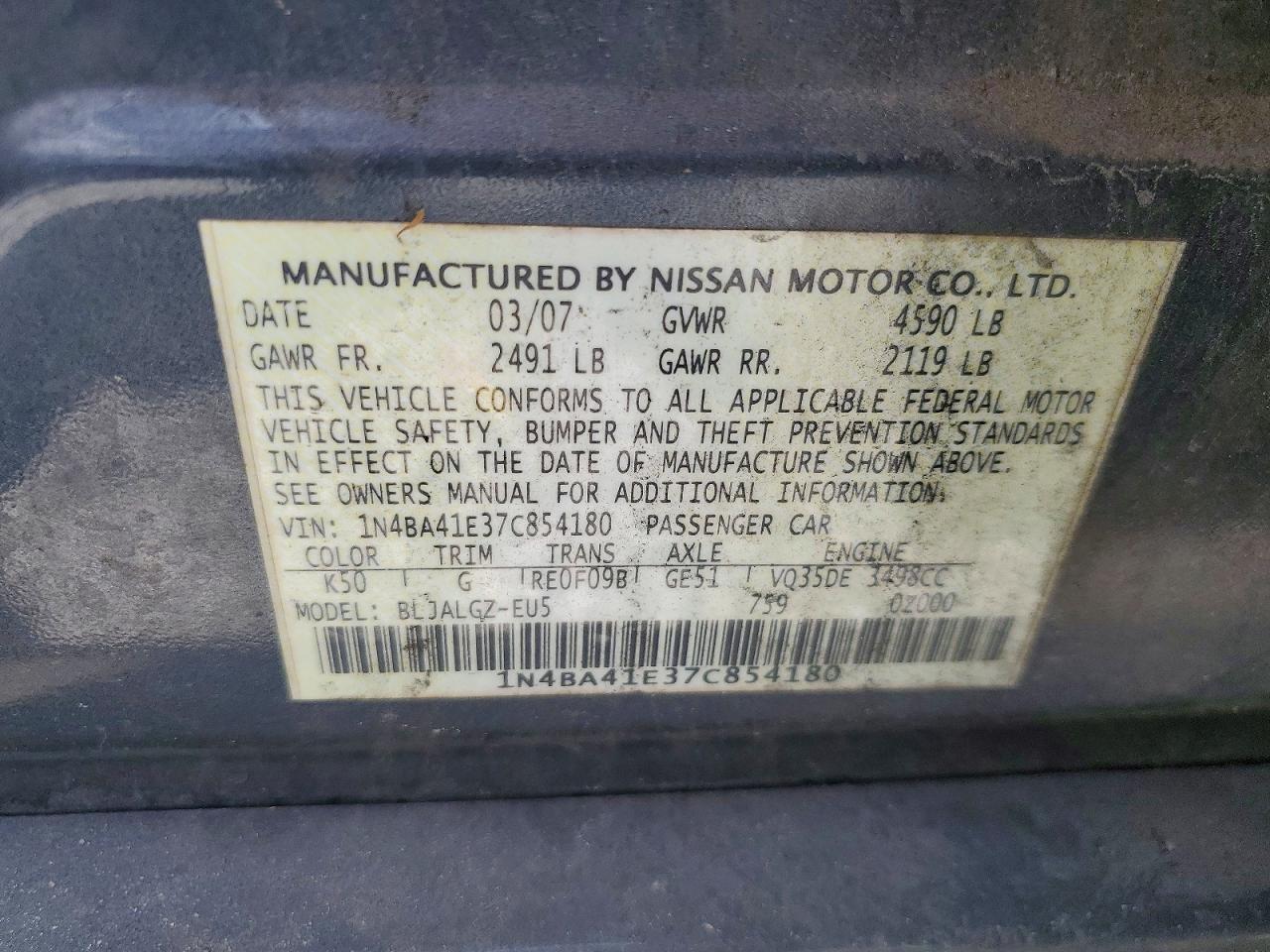 2007 Nissan Maxima 3.5 Se Gray vin: 1N4BA41E37C854180