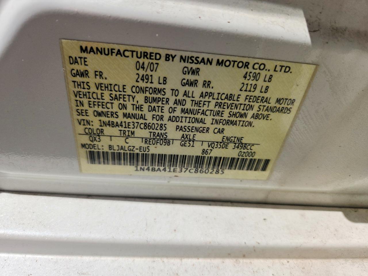 2007 Nissan Maxima 3.5 Se White vin: 1N4BA41E37C860285