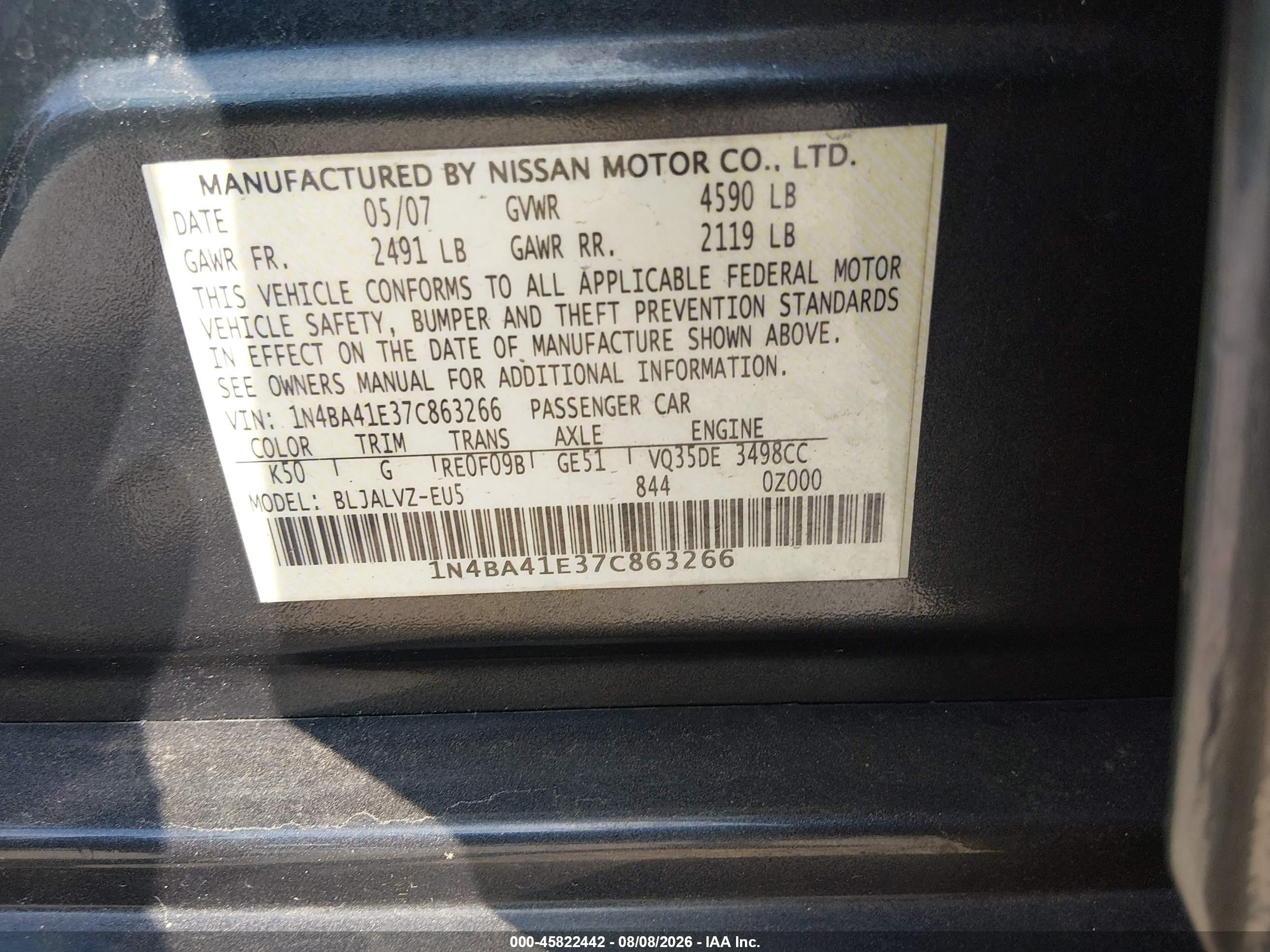 2007 Nissan Maxima 3.5 Se Gray vin: 1N4BA41E37C863266