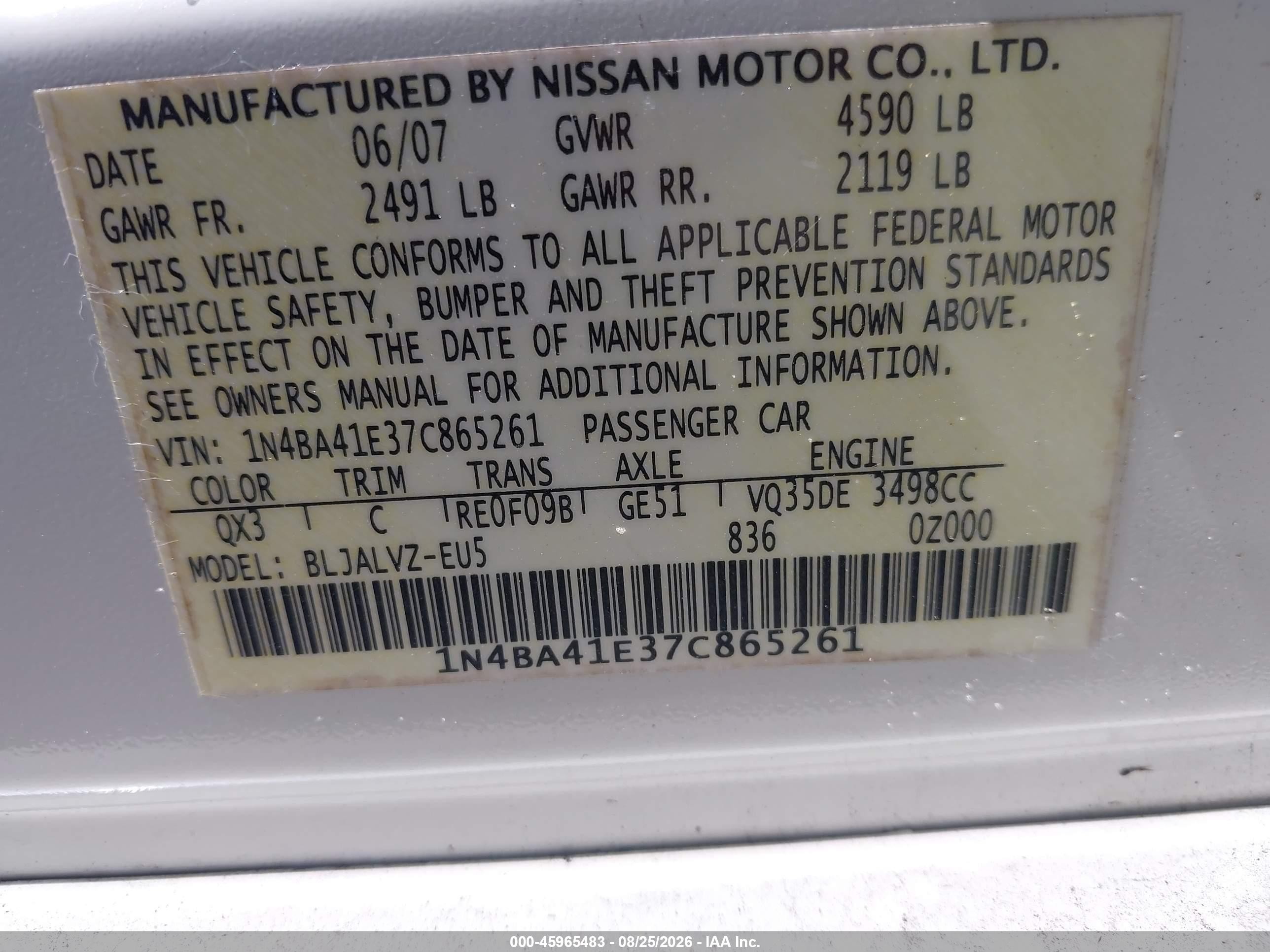 2007 Nissan Maxima 3.5 Se White vin: 1N4BA41E37C865261