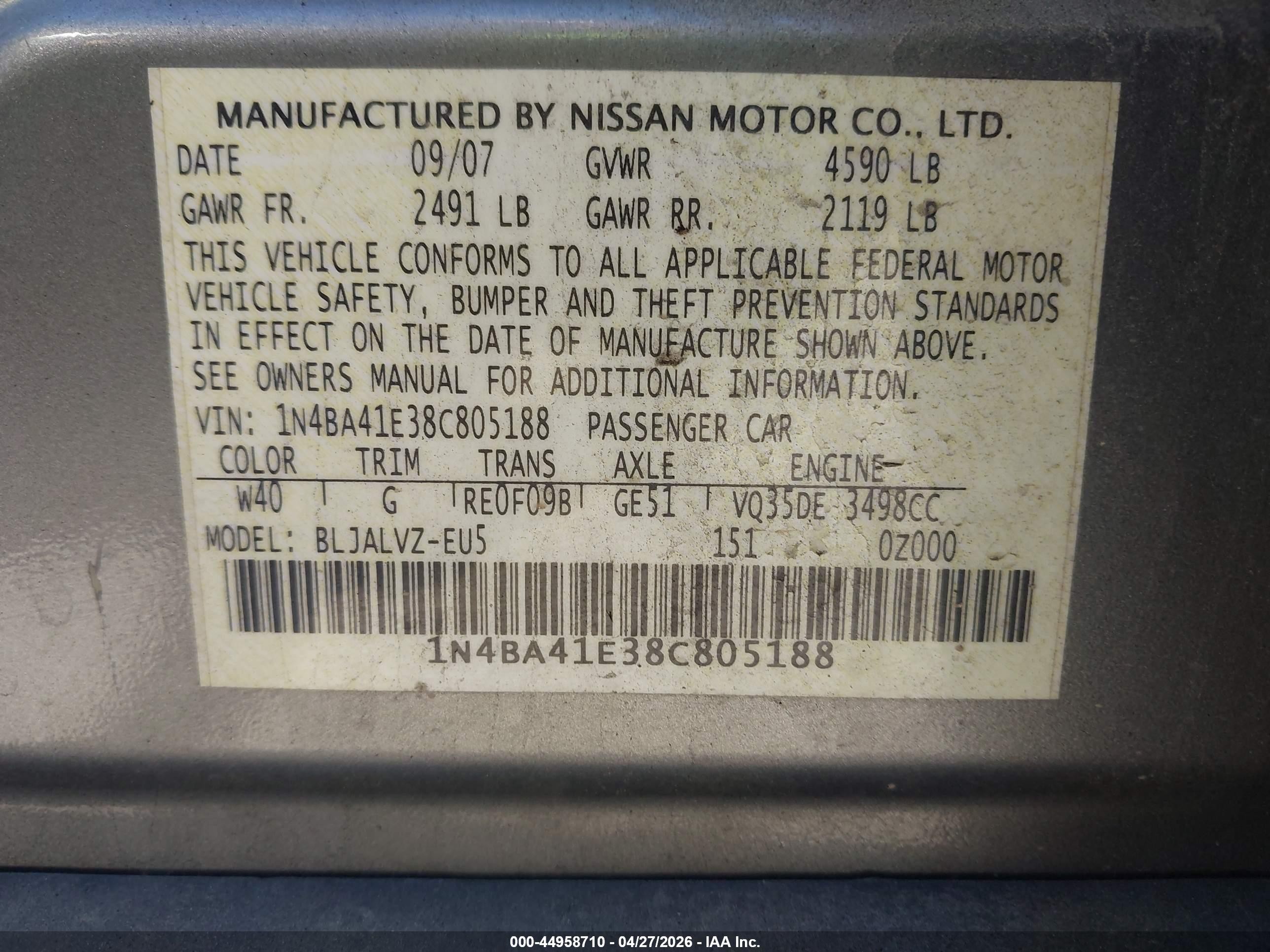 2008 Nissan Maxima 3.5 Se Серебряный vin: 1N4BA41E38C805188