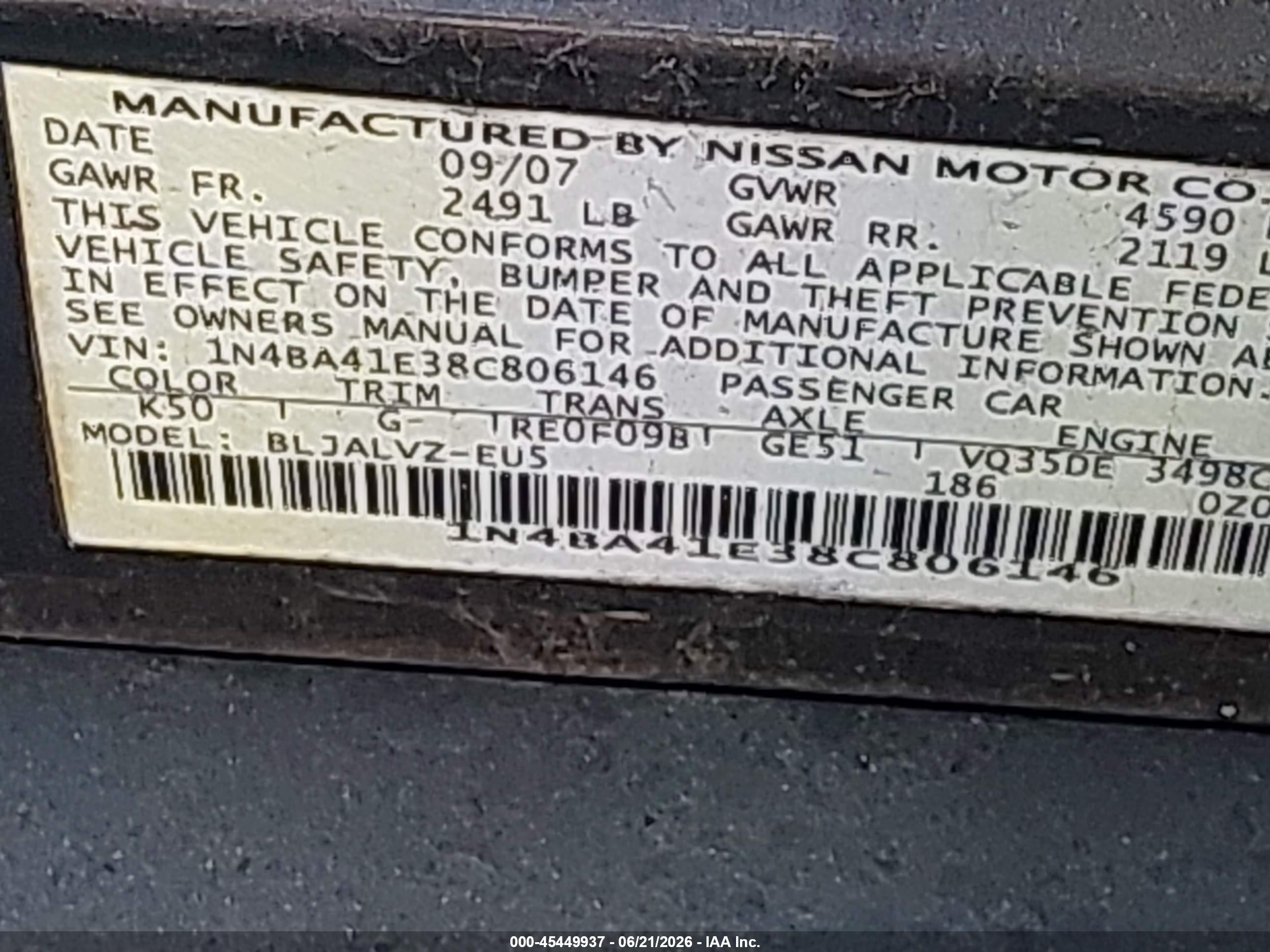 2008 Nissan Maxima 3.5 Se Gray vin: 1N4BA41E38C806146