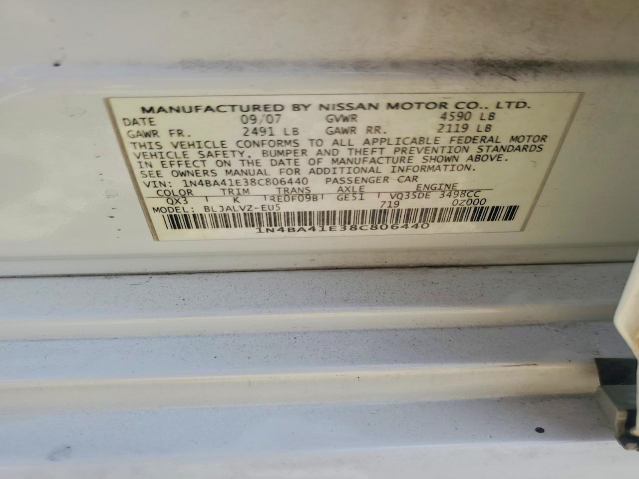 2008 Nissan Maxima 3.5 Se White vin: 1N4BA41E38C806440