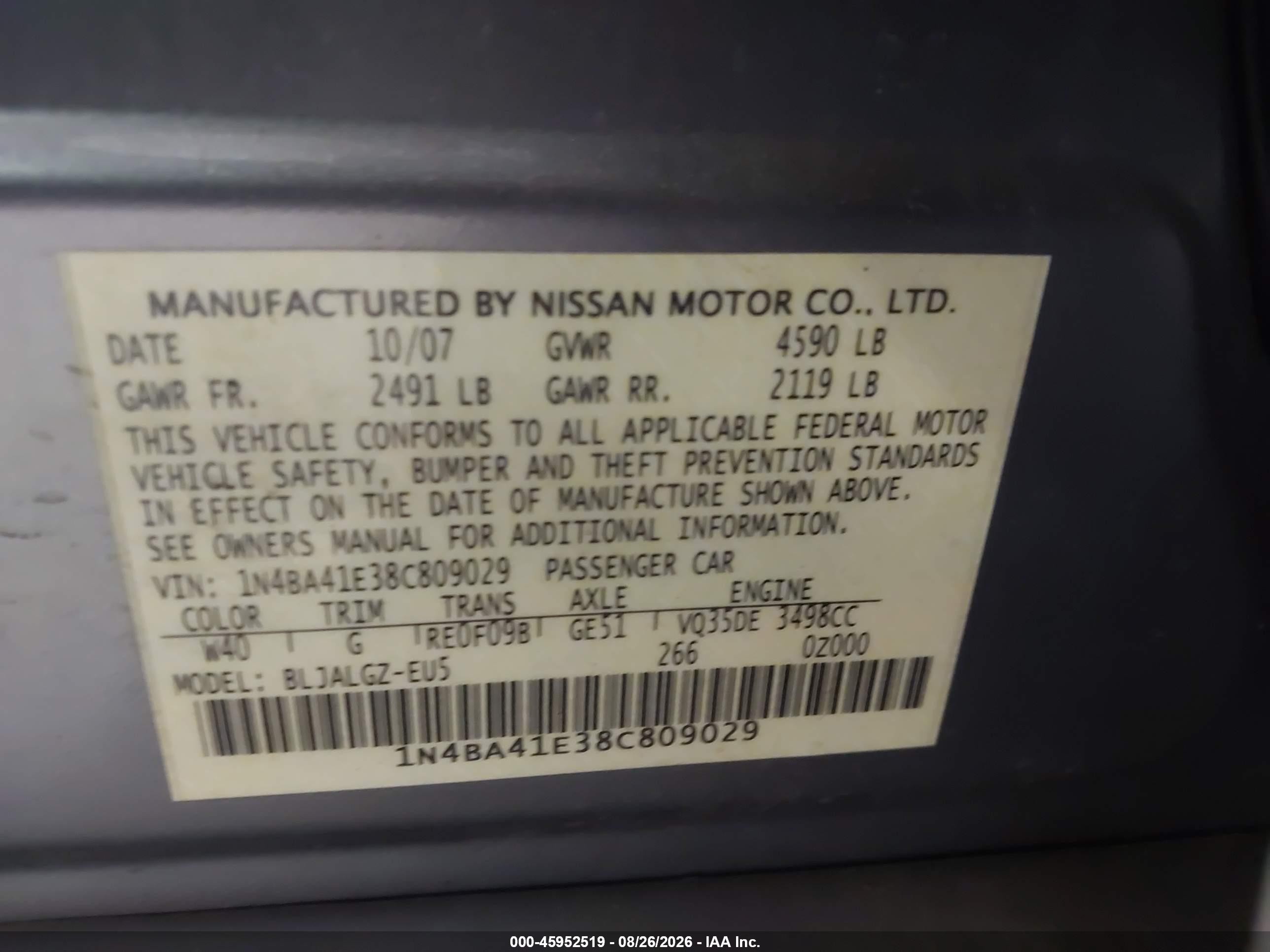 2008 Nissan Maxima 3.5 Sl Gray vin: 1N4BA41E38C809029