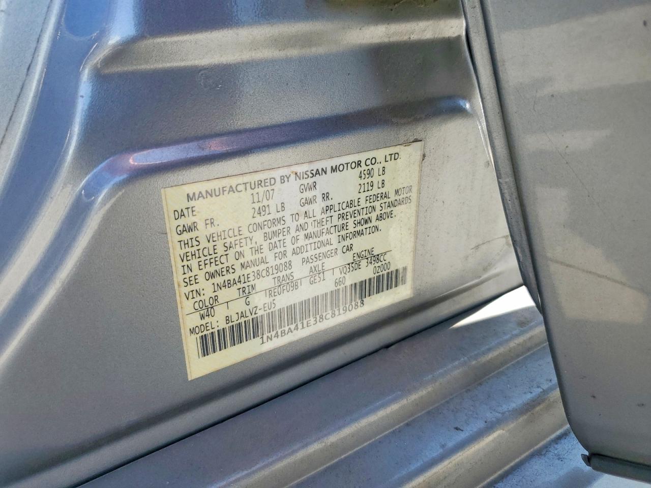 2008 Nissan Maxima 3.5 Se Серый vin: 1N4BA41E38C819088