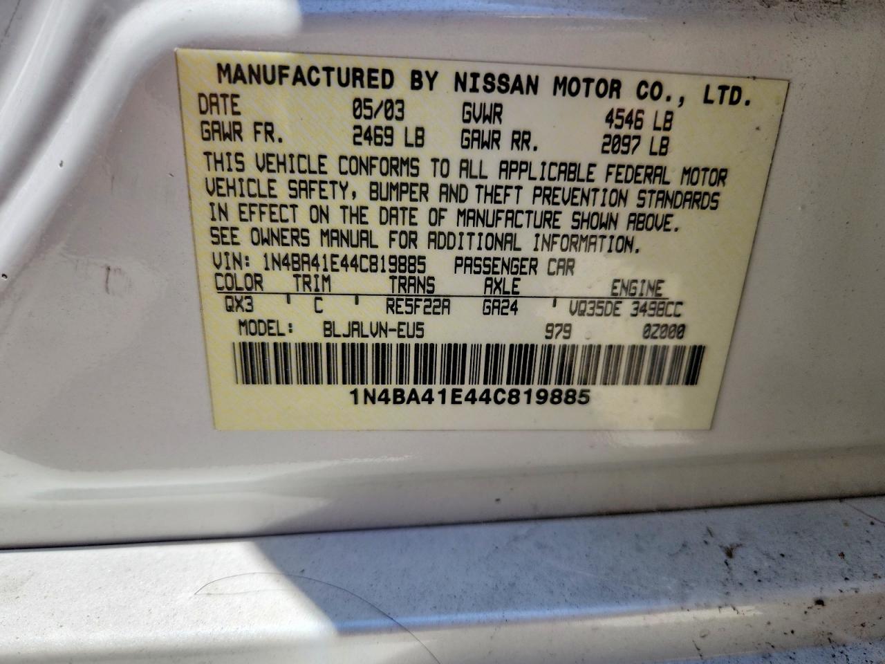 2004 Nissan Maxima 3.5 Se Белый vin: 1N4BA41E44C819885