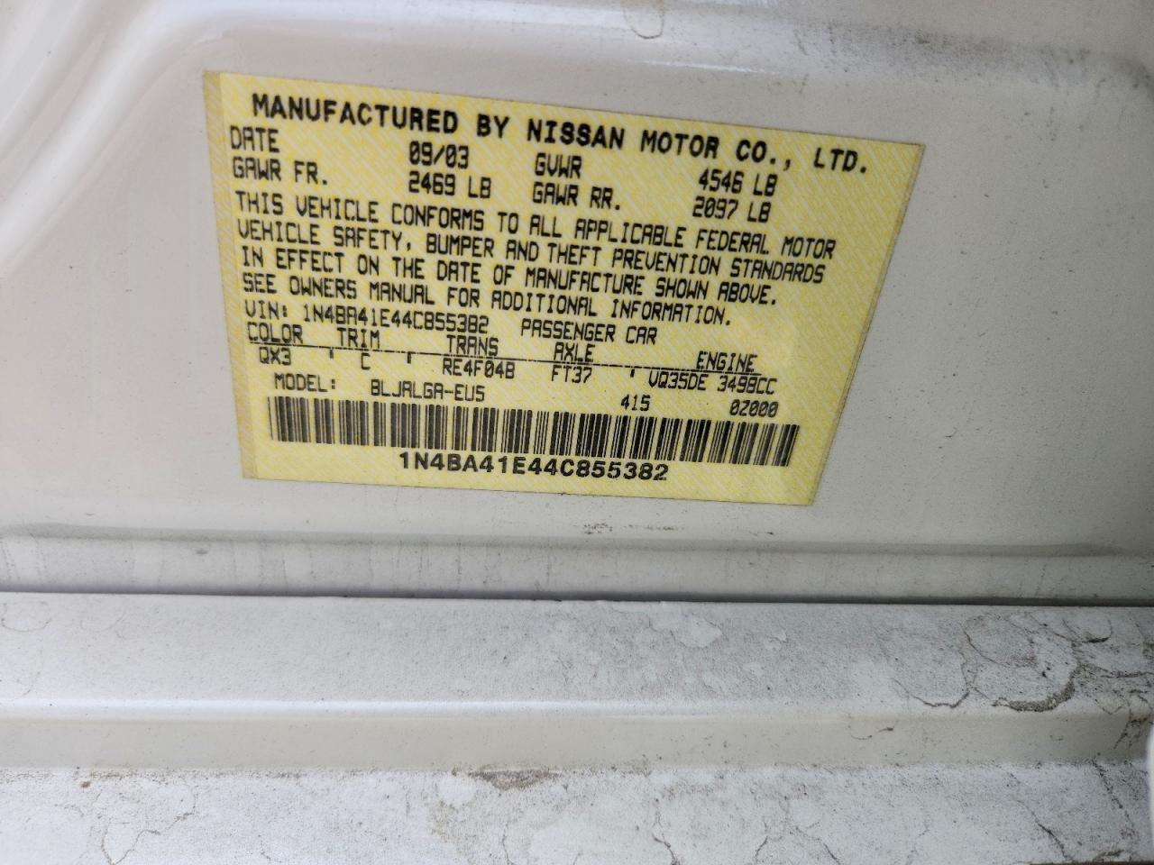 2004 Nissan Maxima 3.5 Se White vin: 1N4BA41E44C855382