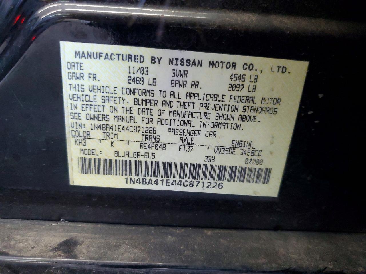 2004 Nissan Maxima 3.5 Se Черный vin: 1N4BA41E44C871226