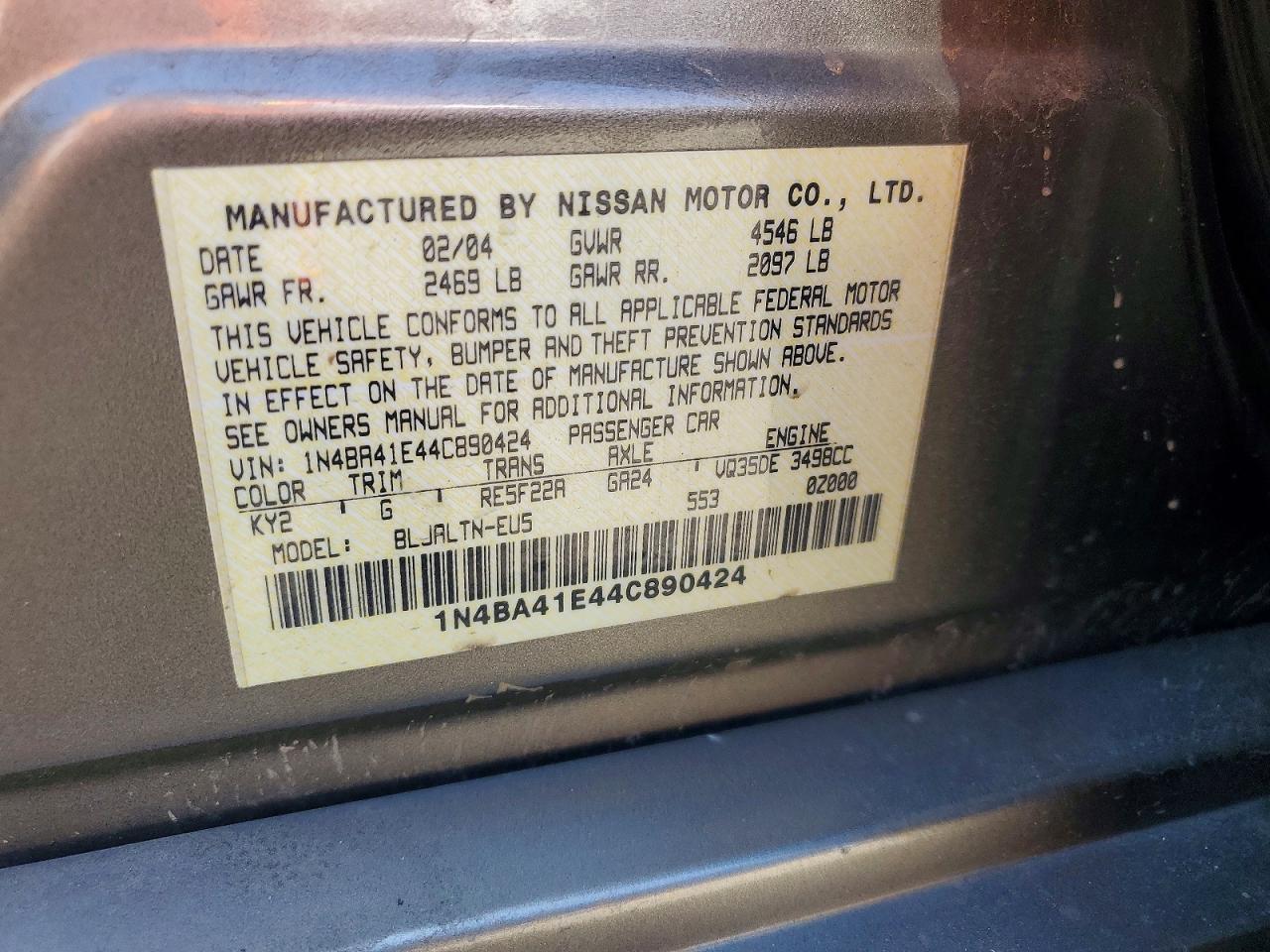 2004 Nissan Maxima 3.5 Se Gray vin: 1N4BA41E44C890424