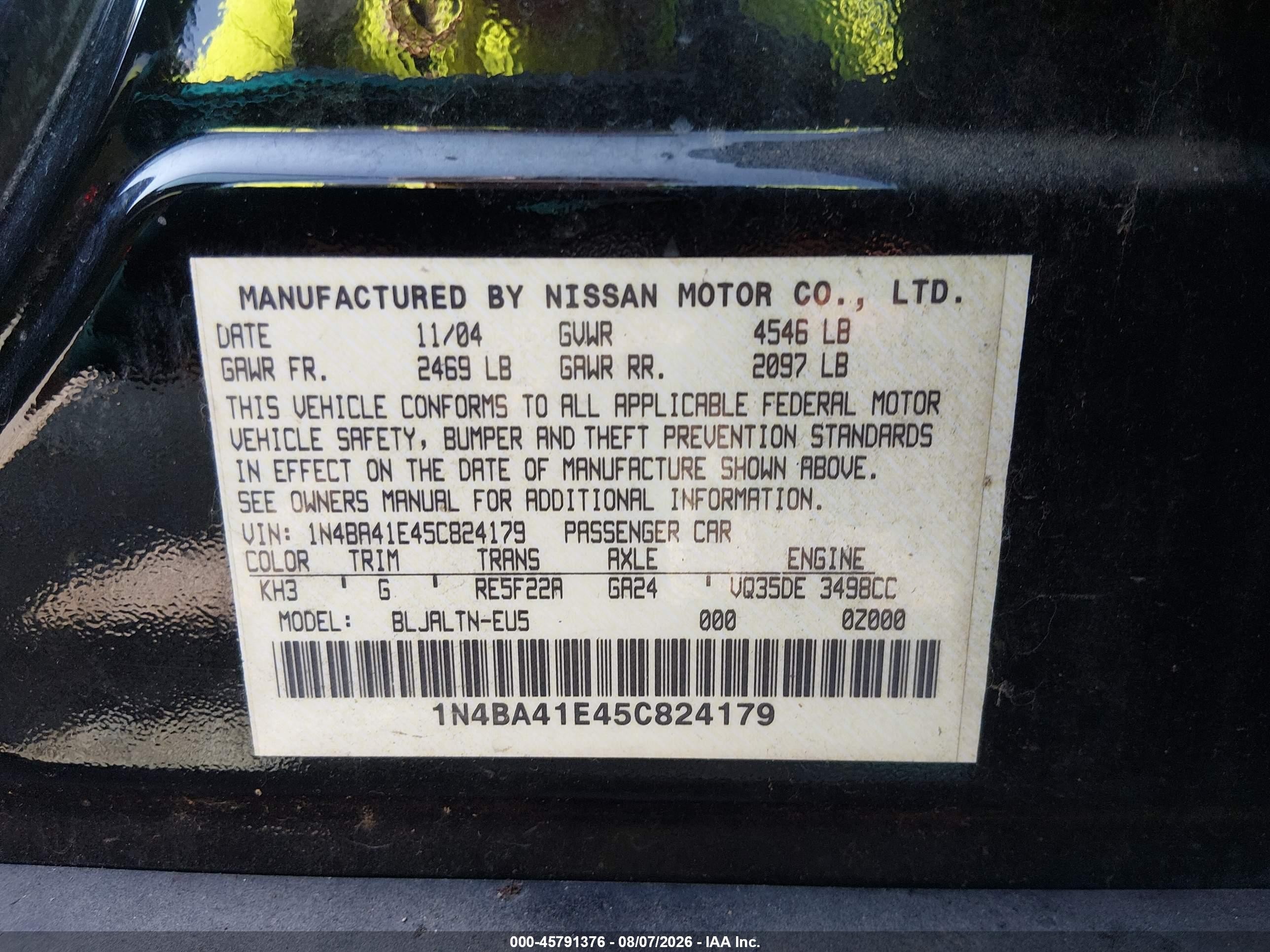2005 Nissan Maxima 3.5 Se Black vin: 1N4BA41E45C824179