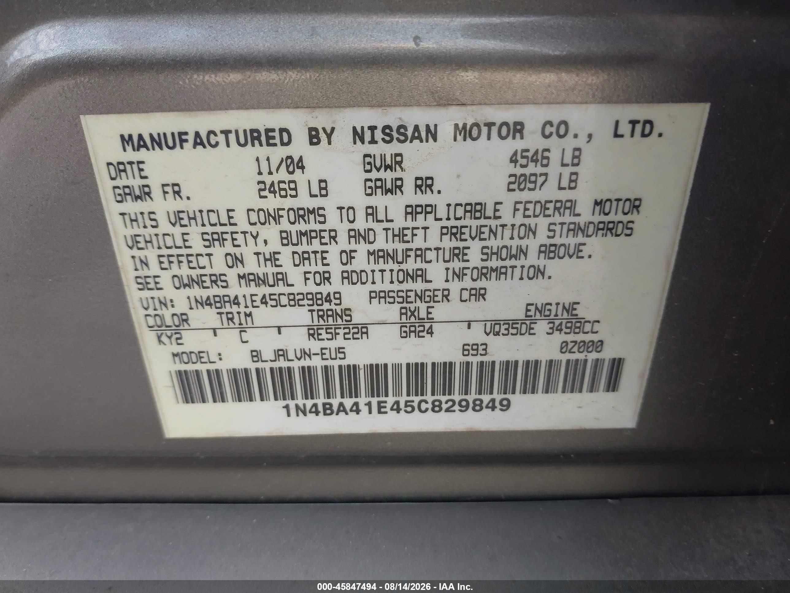 2005 Nissan Maxima 3.5 Sl Brown vin: 1N4BA41E45C829849