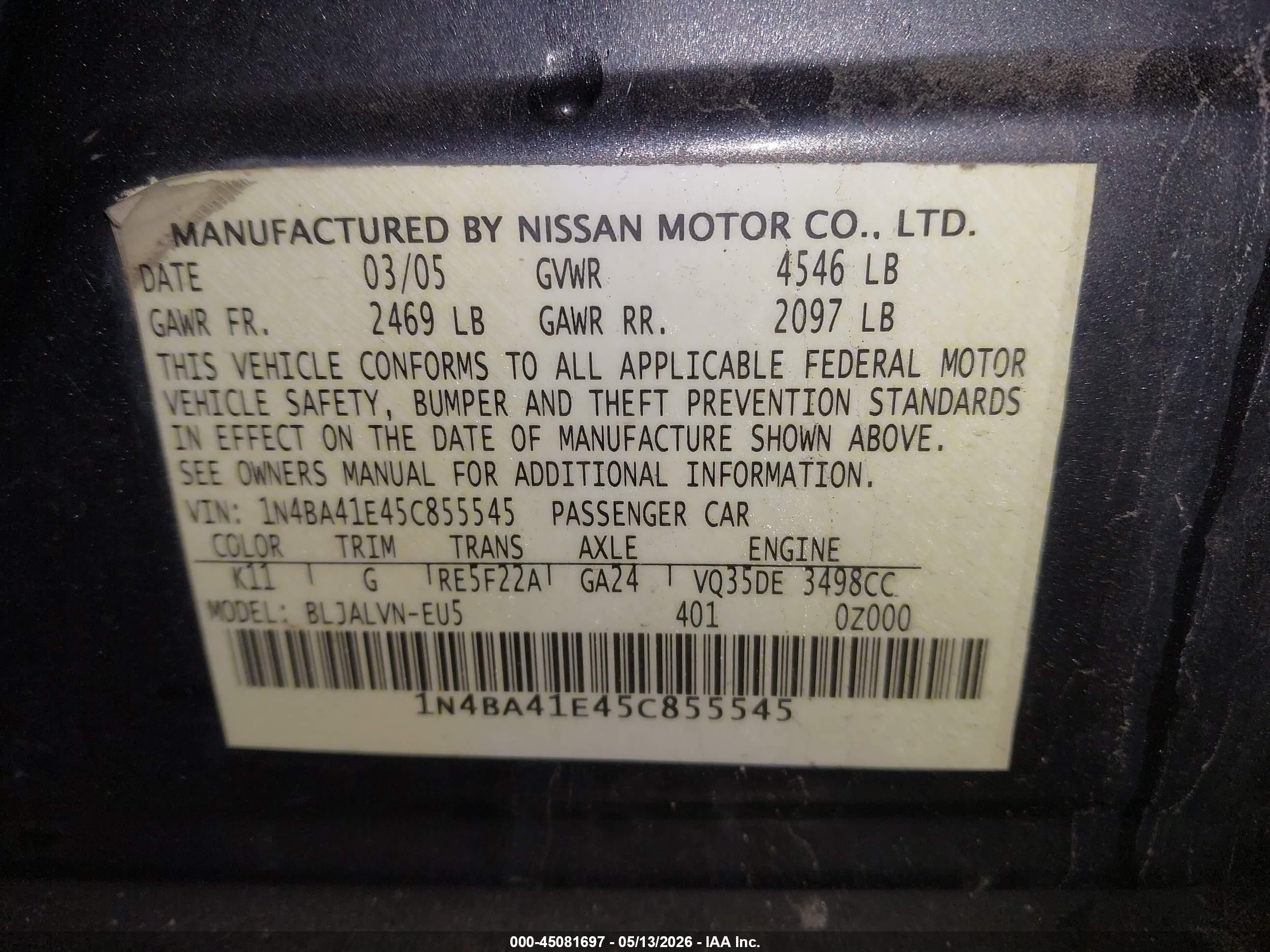 2005 Nissan Maxima 3.5 Sl Gray vin: 1N4BA41E45C855545