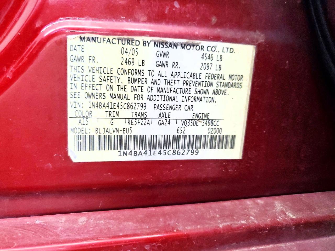 2005 Nissan Maxima 3.5 Se Burgundy vin: 1N4BA41E45C862799