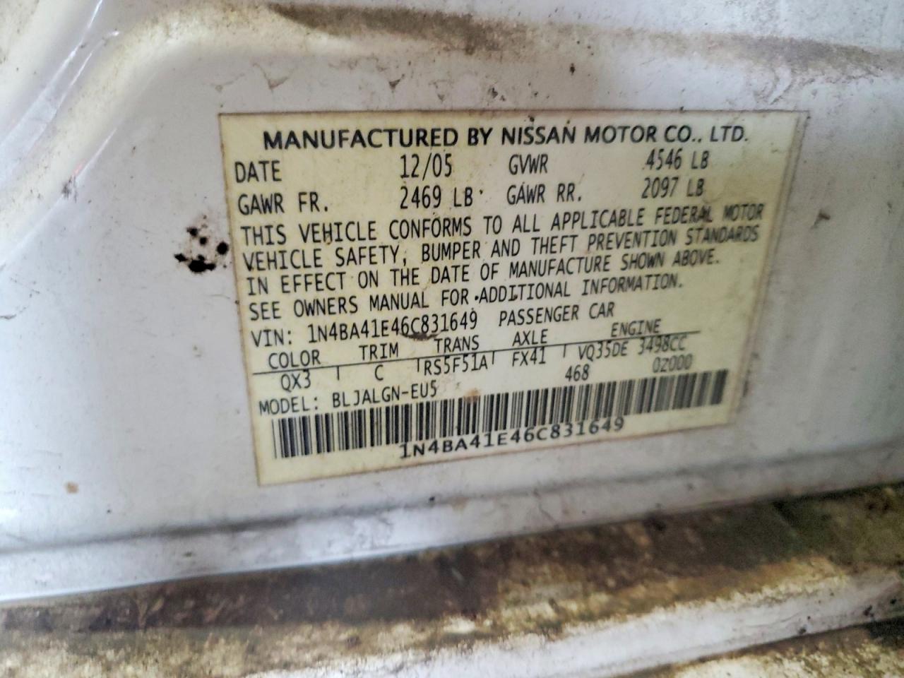 2006 Nissan Maxima 3.5 Se White vin: 1N4BA41E46C831649