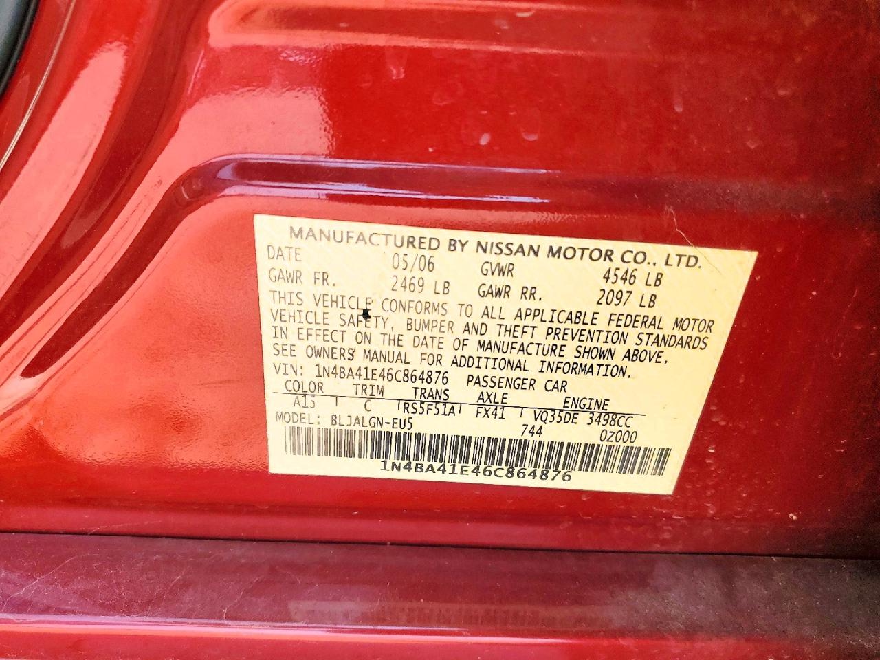 2006 Nissan Maxima 3.5 Se Red vin: 1N4BA41E46C864876