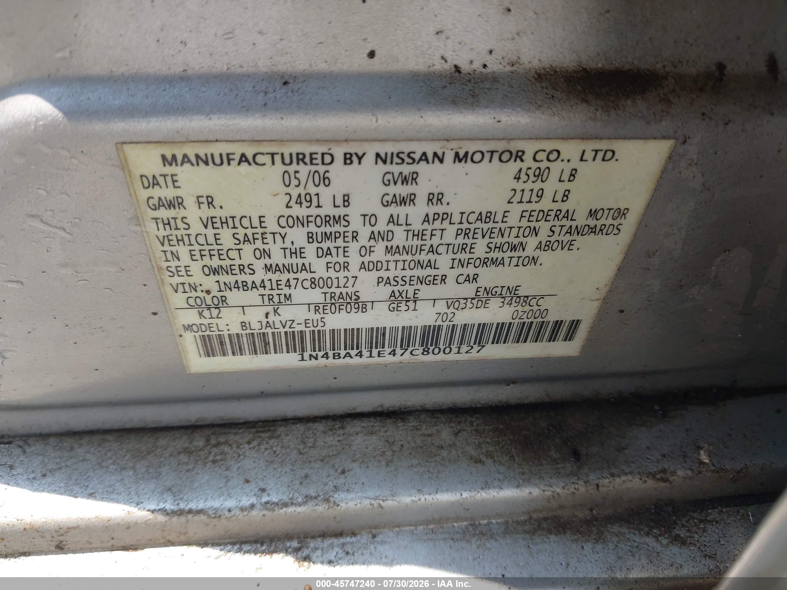 2007 Nissan Maxima 3.5 Se Silver vin: 1N4BA41E47C800127