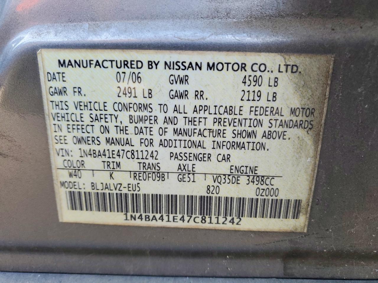 2007 Nissan Maxima 3.5 Se Gray vin: 1N4BA41E47C811242