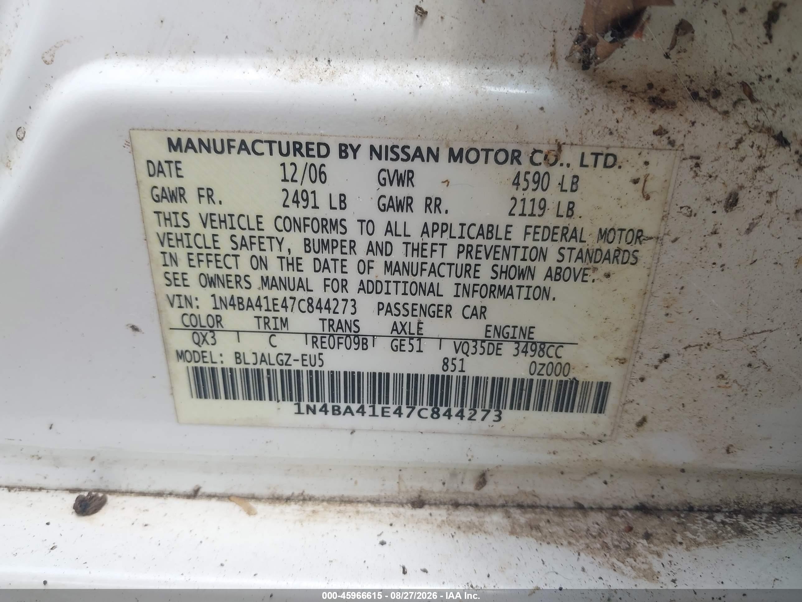 2007 Nissan Maxima 3.5 Sl White vin: 1N4BA41E47C844273