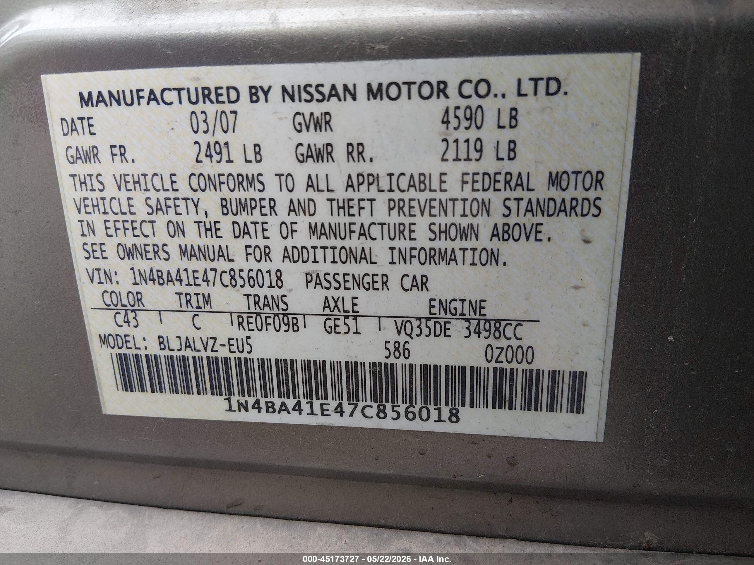 2007 Nissan Maxima 3.5 Se Gray vin: 1N4BA41E47C856018