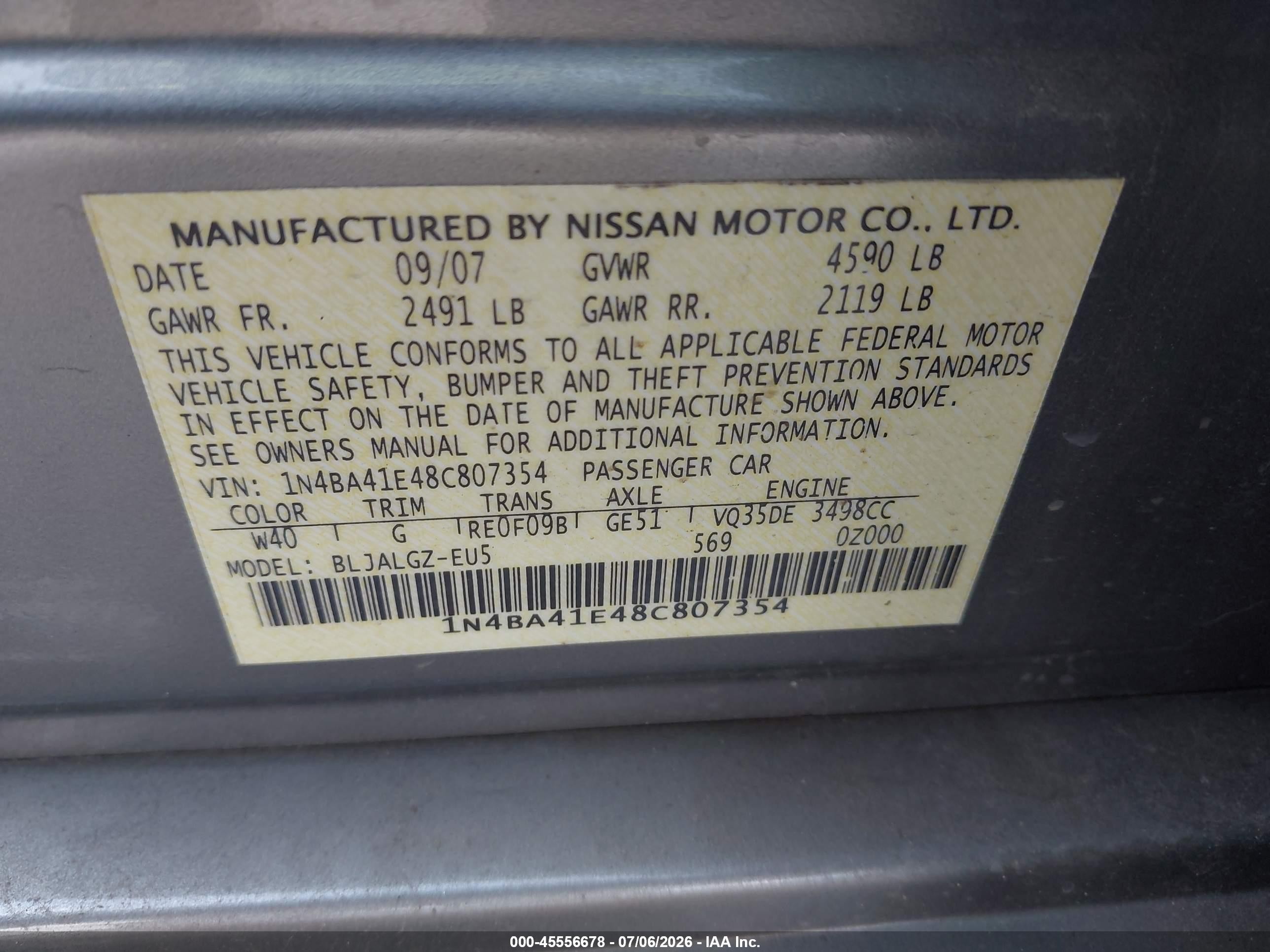 2008 Nissan Maxima 3.5 Sl Silver vin: 1N4BA41E48C807354