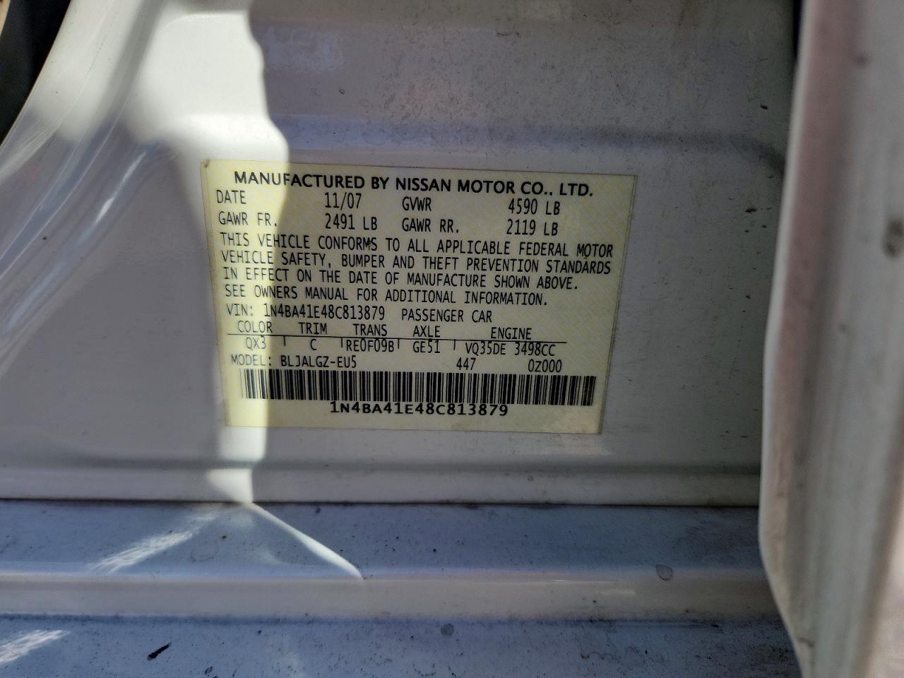 2008 Nissan Maxima 3.5 Se White vin: 1N4BA41E48C813879