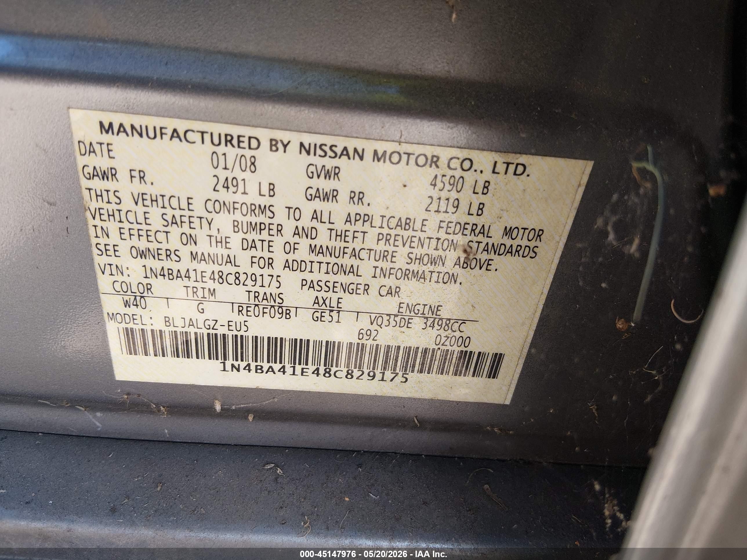 2008 Nissan Maxima 3.5 Sl Gray vin: 1N4BA41E48C829175