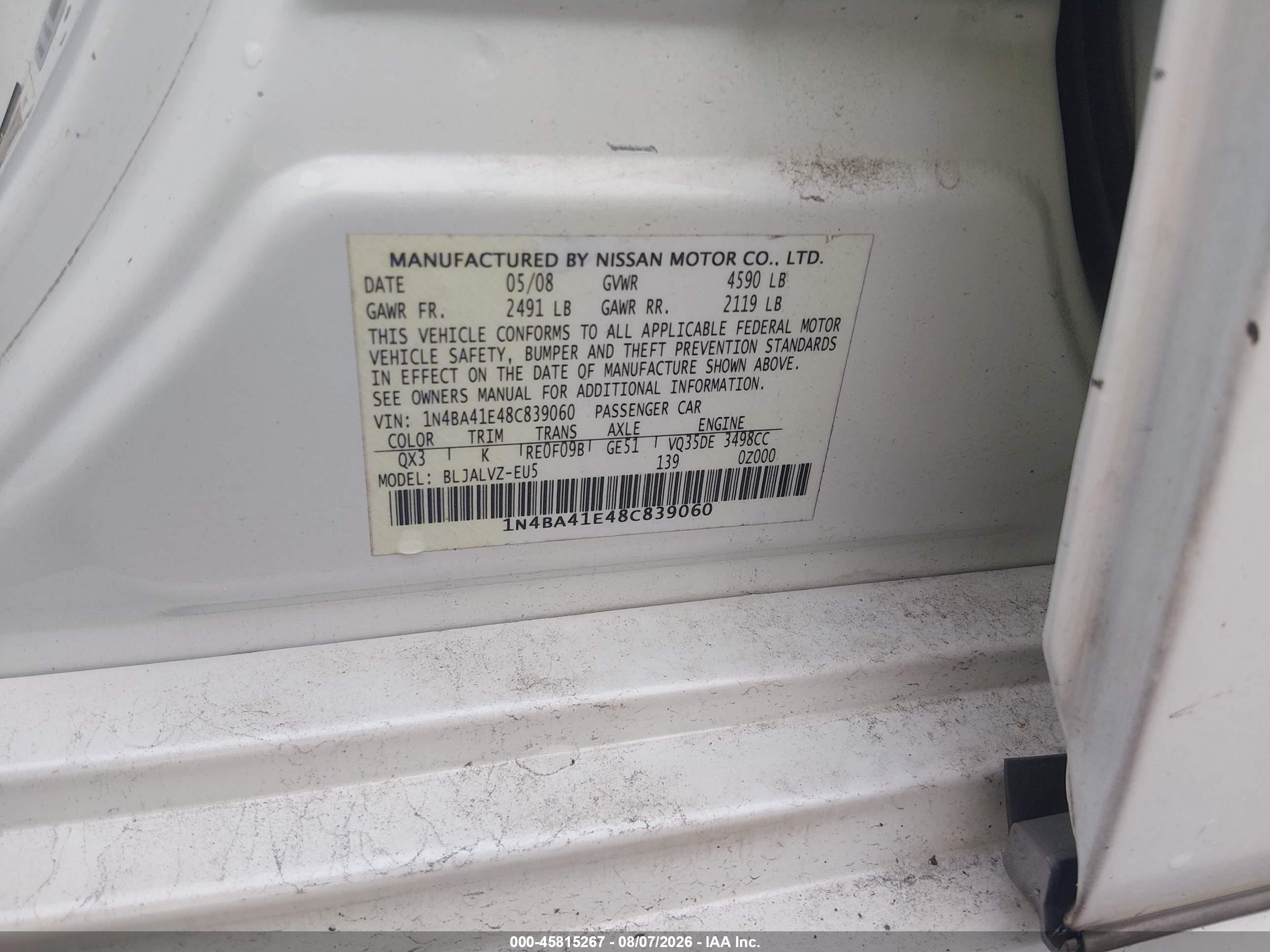 2008 Nissan Maxima 3.5 Se White vin: 1N4BA41E48C839060