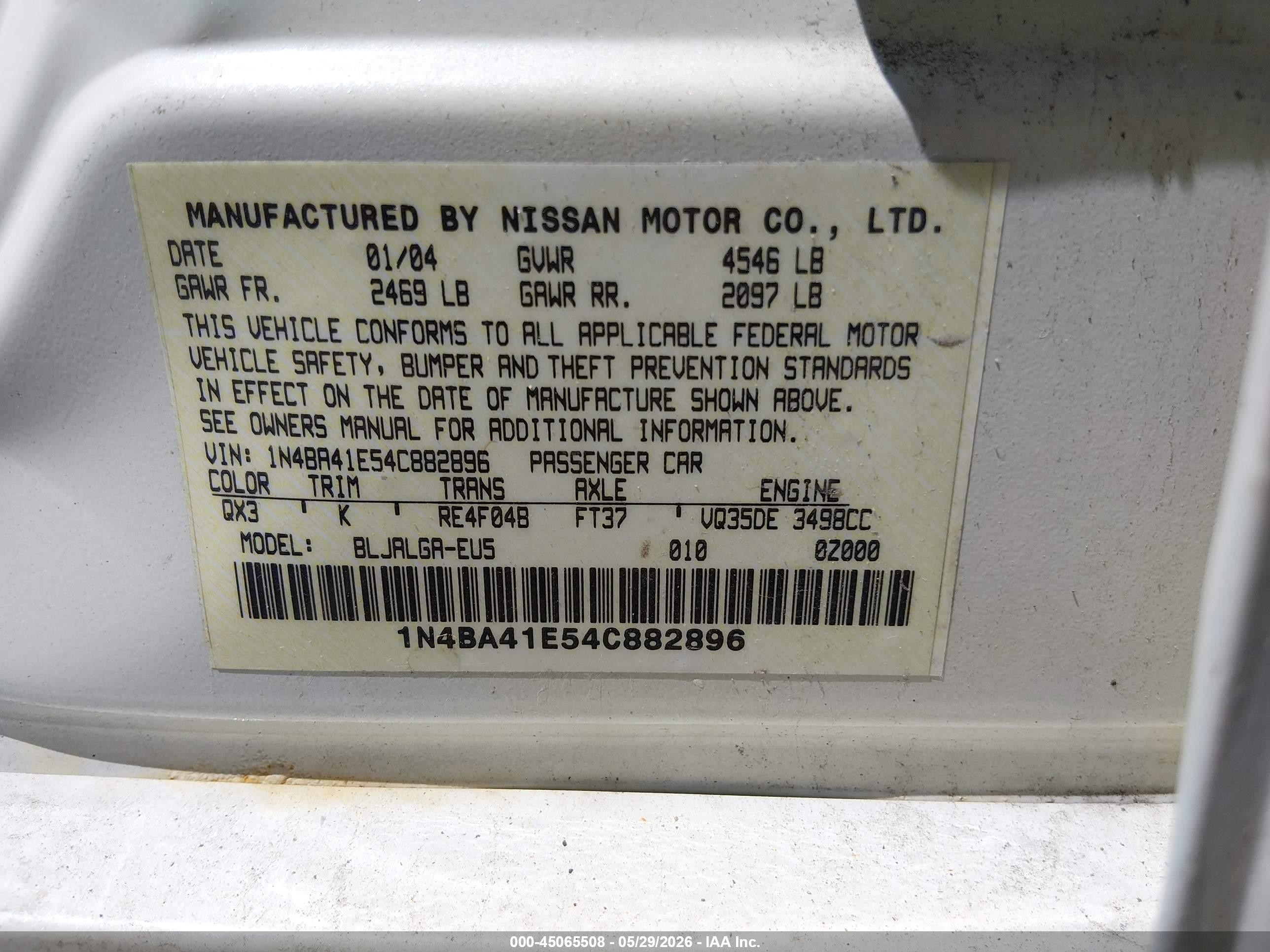 2004 Nissan Maxima 3.5 Sl White vin: 1N4BA41E54C882896