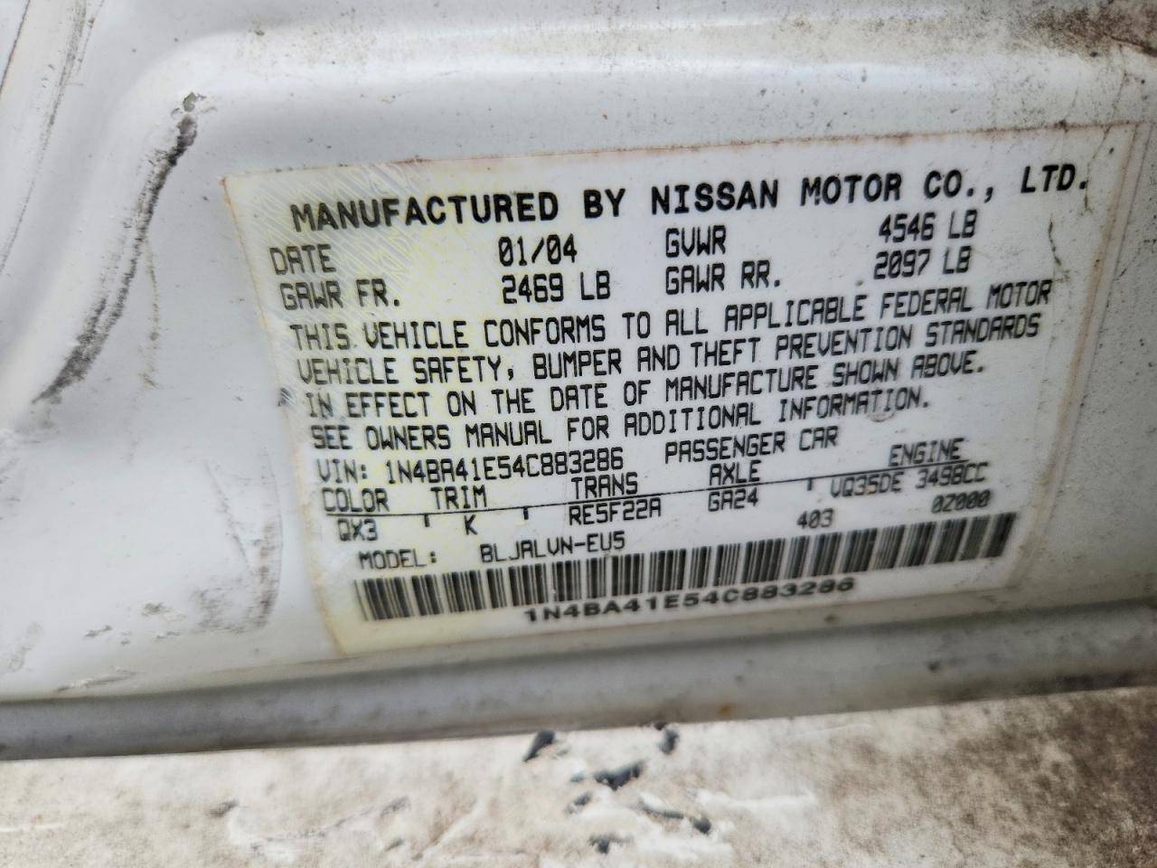 2004 Nissan Maxima 3.5 Se White vin: 1N4BA41E54C883286