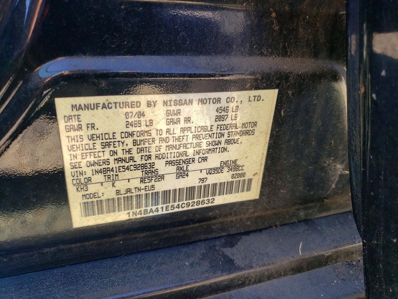 2004 Nissan Maxima 3.5 Se Black vin: 1N4BA41E54C928632