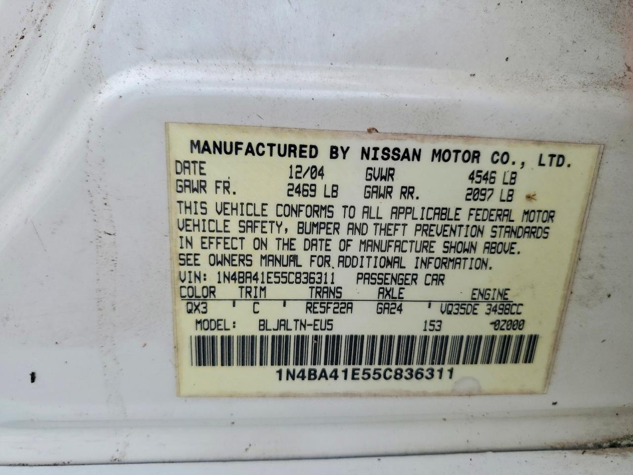 2005 Nissan Maxima Se/sl White vin: 1N4BA41E55C836311