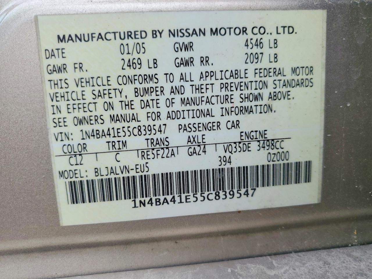 2005 Nissan Maxima 3.5 Se Tan vin: 1N4BA41E55C839547