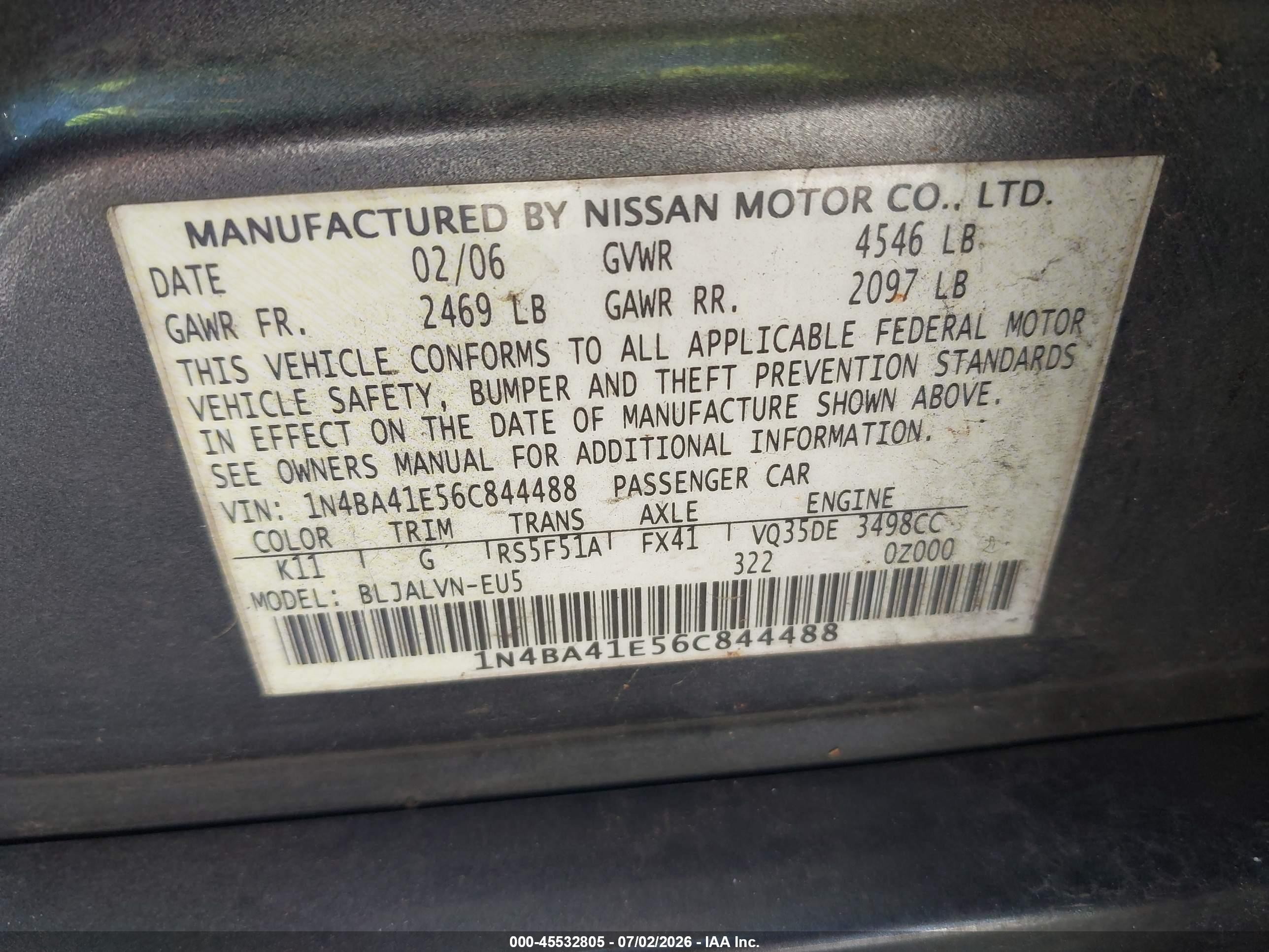 2006 Nissan Maxima 3.5 Se Gray vin: 1N4BA41E56C844488