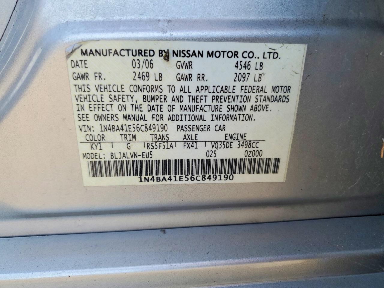 2006 Nissan Maxima 3.5 Se Серый vin: 1N4BA41E56C849190