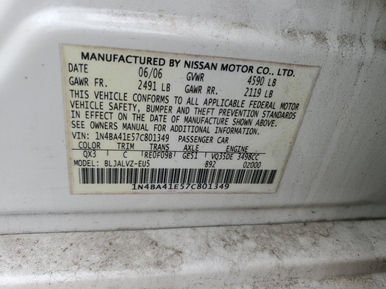 2007 Nissan Maxima Se White vin: 1N4BA41E57C801349